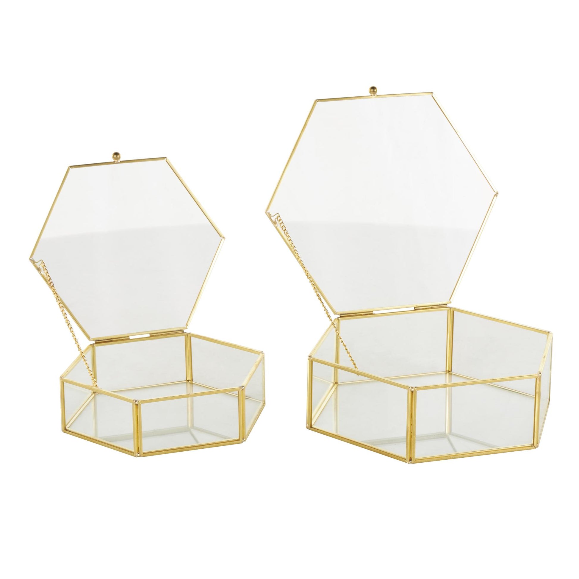 Set of 2 Geometric Clear Glass Hexagon Decorative Jewelry Box with Gold Metal Frame and Chain Accent