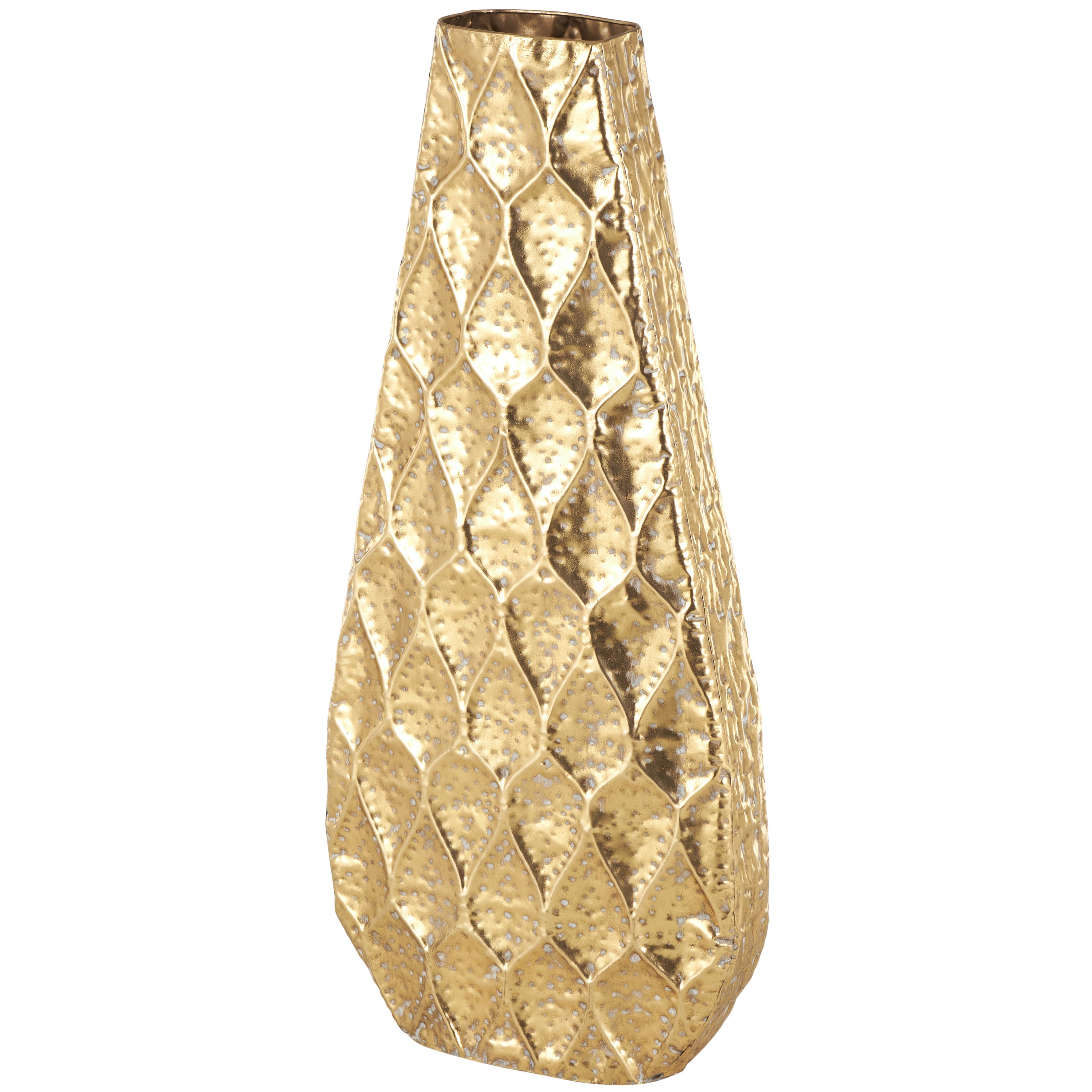 Gold Metal Textured Concaved Teardrop Decorative Vase with Peacock Inspired Design