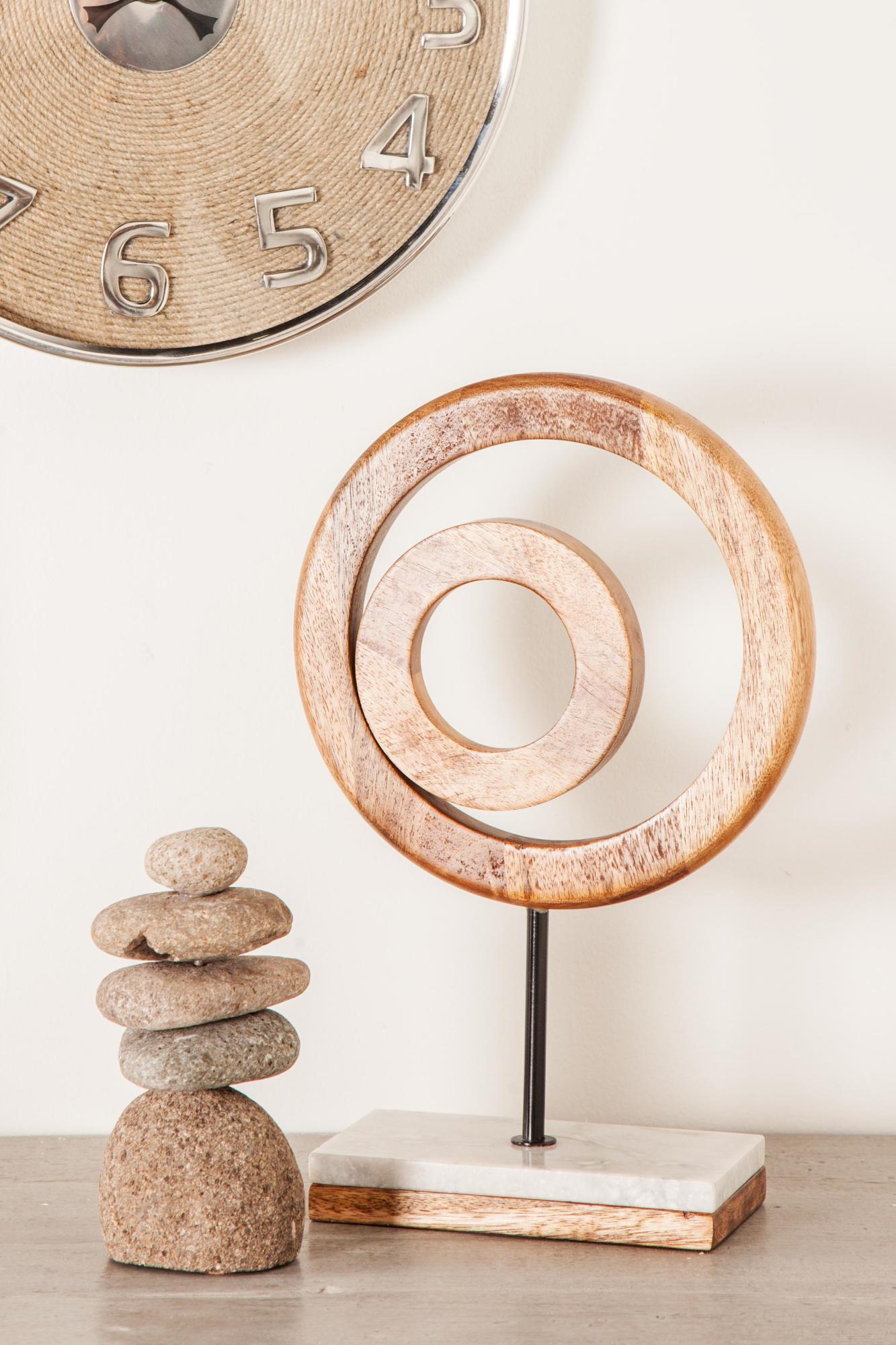 Geometric Brown Mango Wood Circle Decorative Sculpture with Marble Stand