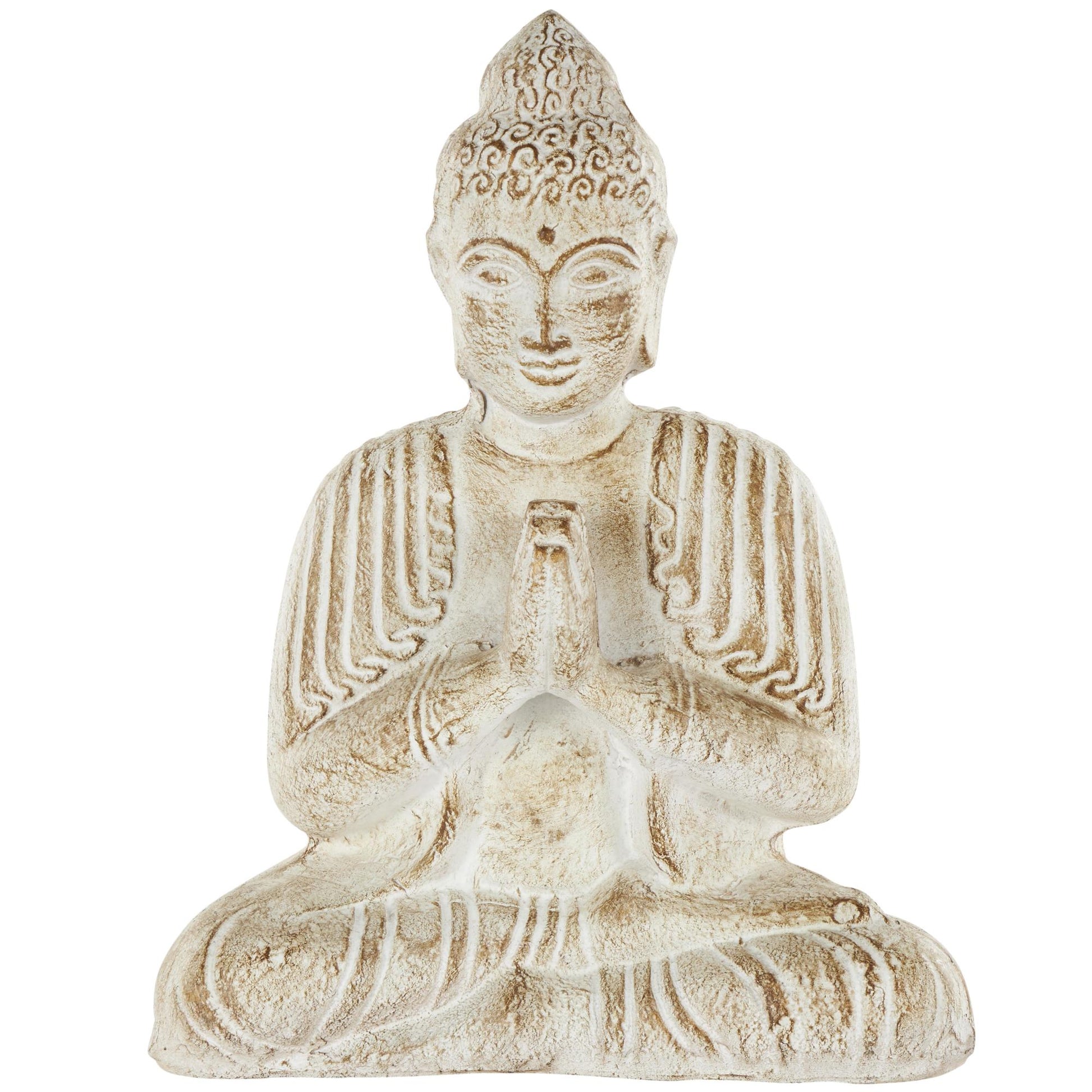 Buddha Cream Paper Mache Handmade Carved Decorative Sculpture with Brown Distressing