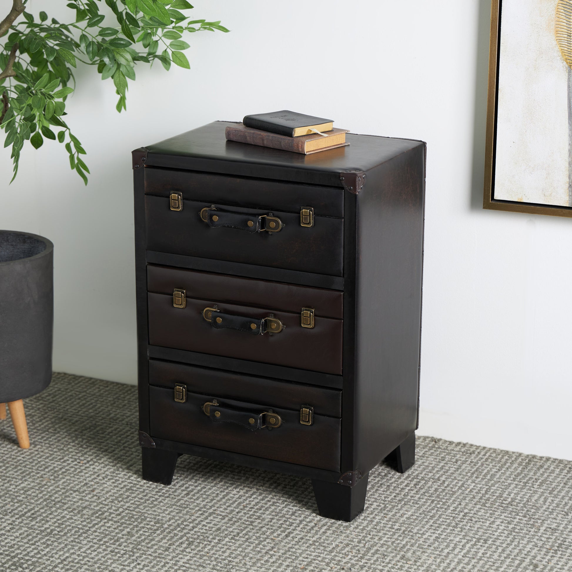 Dark Brown Faux Leather Vintage Faux Leather 3 Drawer Room Chest with Gold Buckle and Strap Accents
