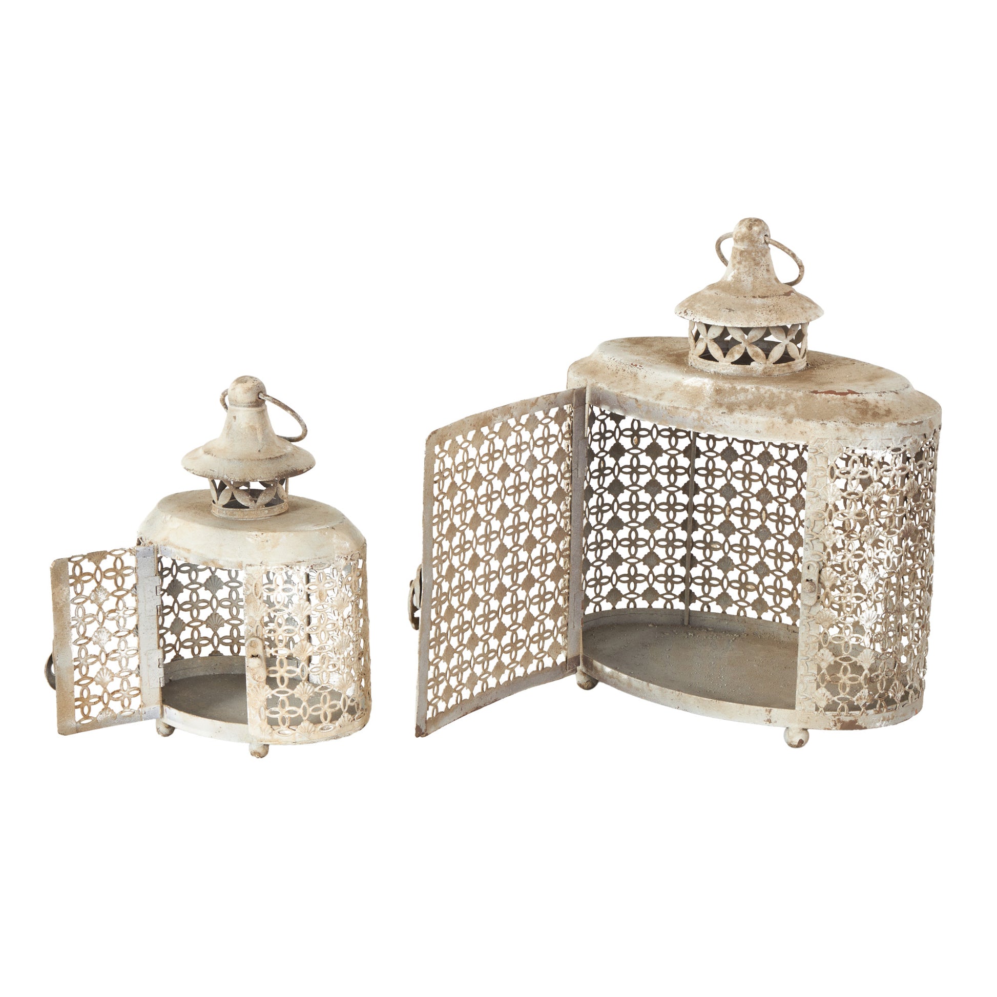 Set of 2 Floral Beige Metal Antique Distressed Oval Cutout Indoor Outdoor Candle Lantern
