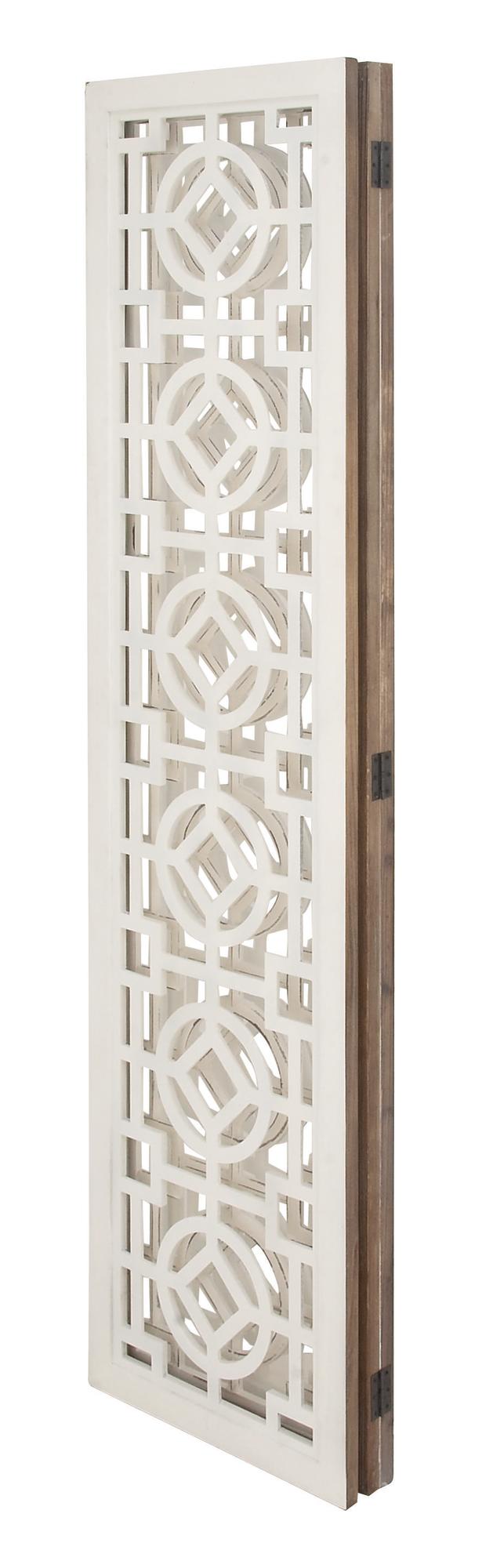 Geometric White Wood Hinged Foldable Partition 3 Panel Partition Room Divider Screen with Carved Designs
