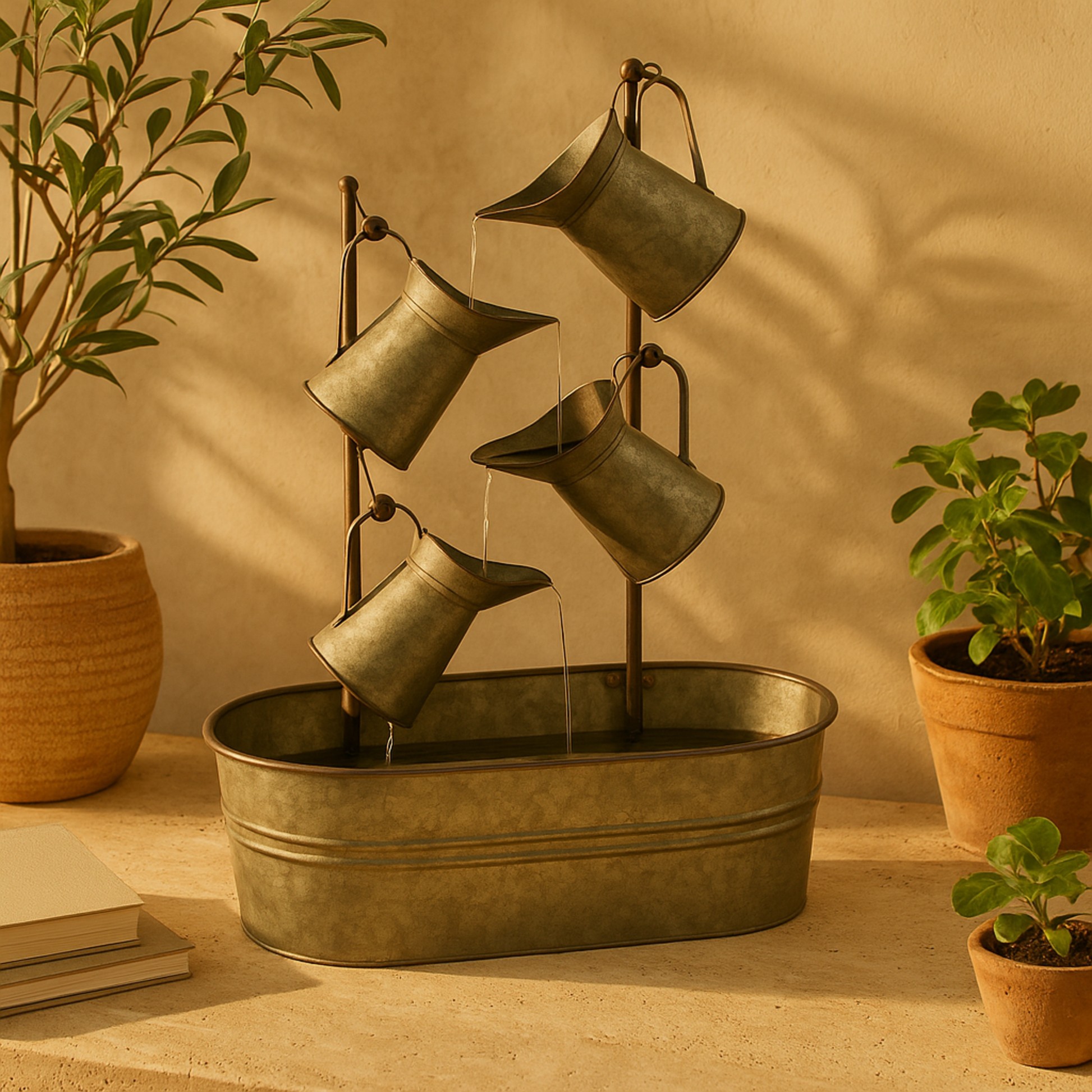 Gray Metal Indoor Outdoor Fountain with Watering Cans