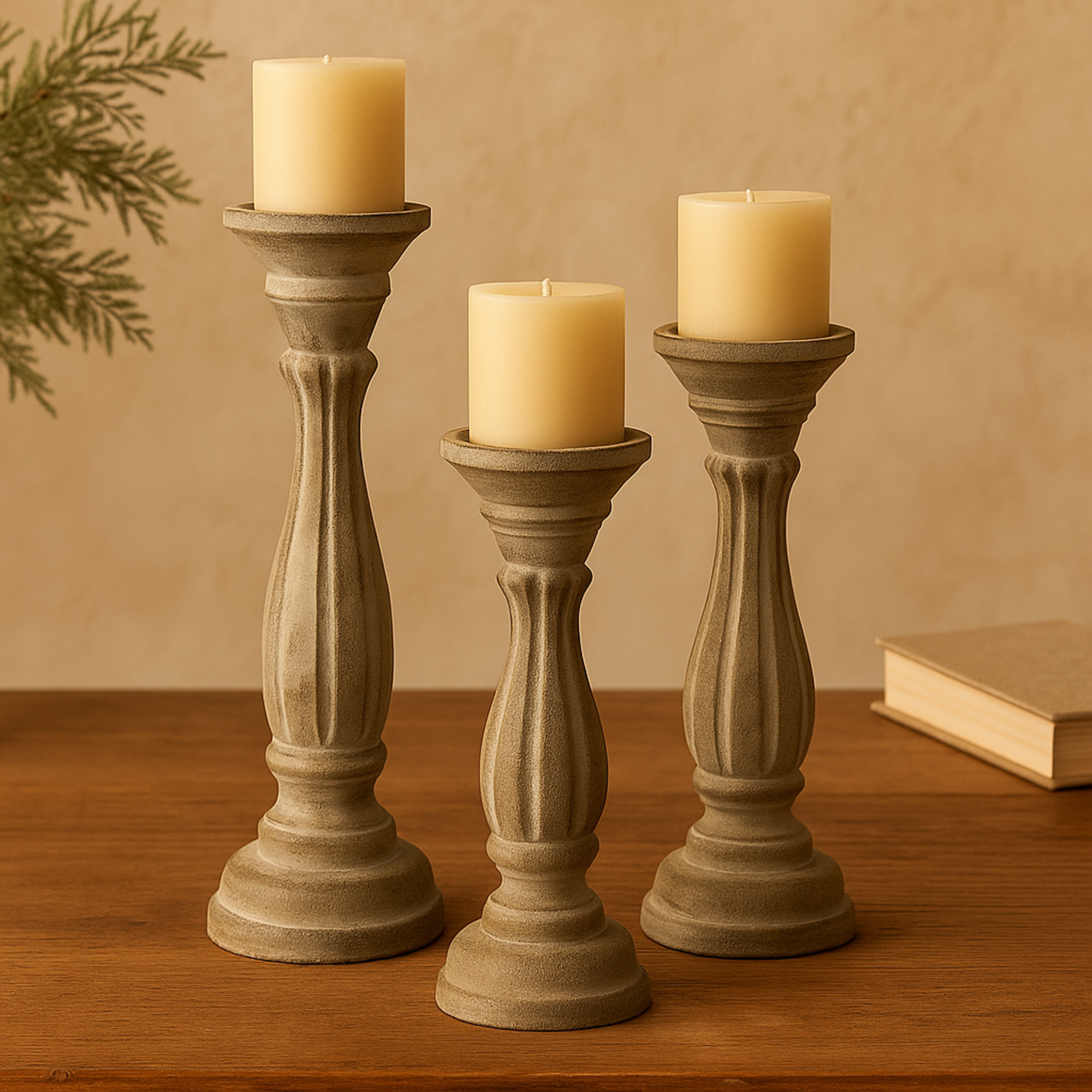 Set of 3 Wooden Distressed Turned Decorative Candle Holder Set of 3 15", 13", 11"H