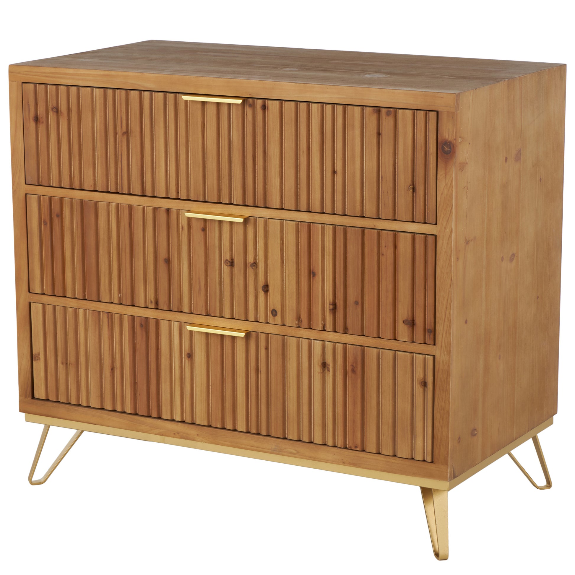 Brown Wooden Ribbed 3 Drawer Room Chest with Gold Handles and Legs