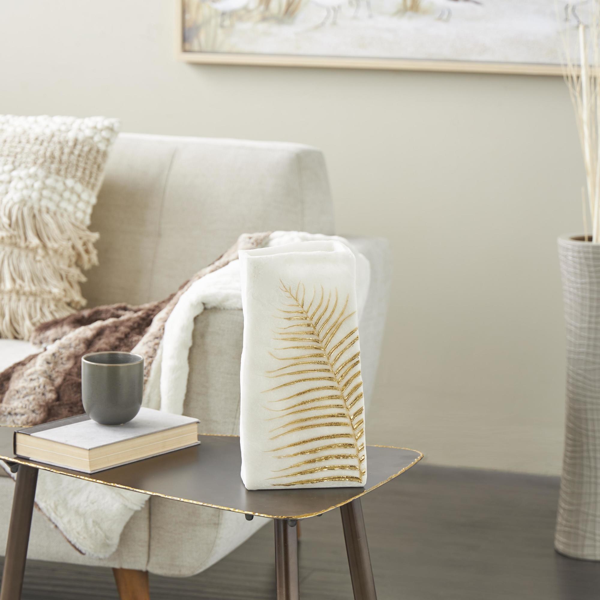Leaf White Polystone Decorative Vase with Gold Leaf Imprint