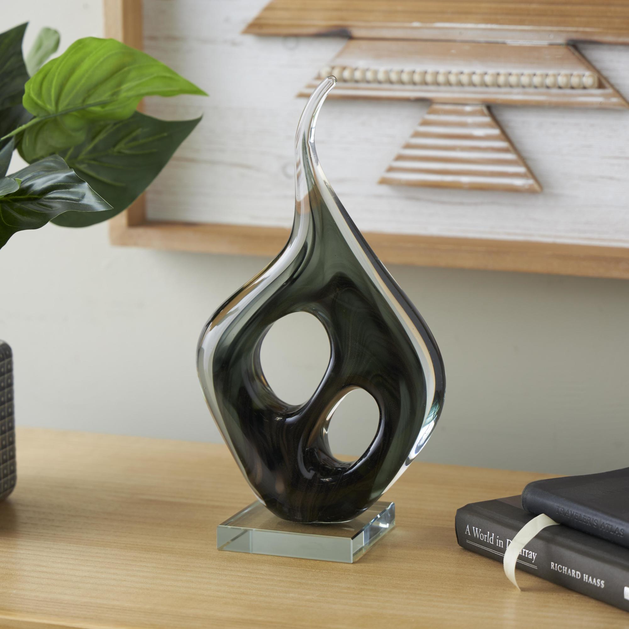 Abstract Green Glass Curved Cutout Decorative Sculpture with Swirl Patterns