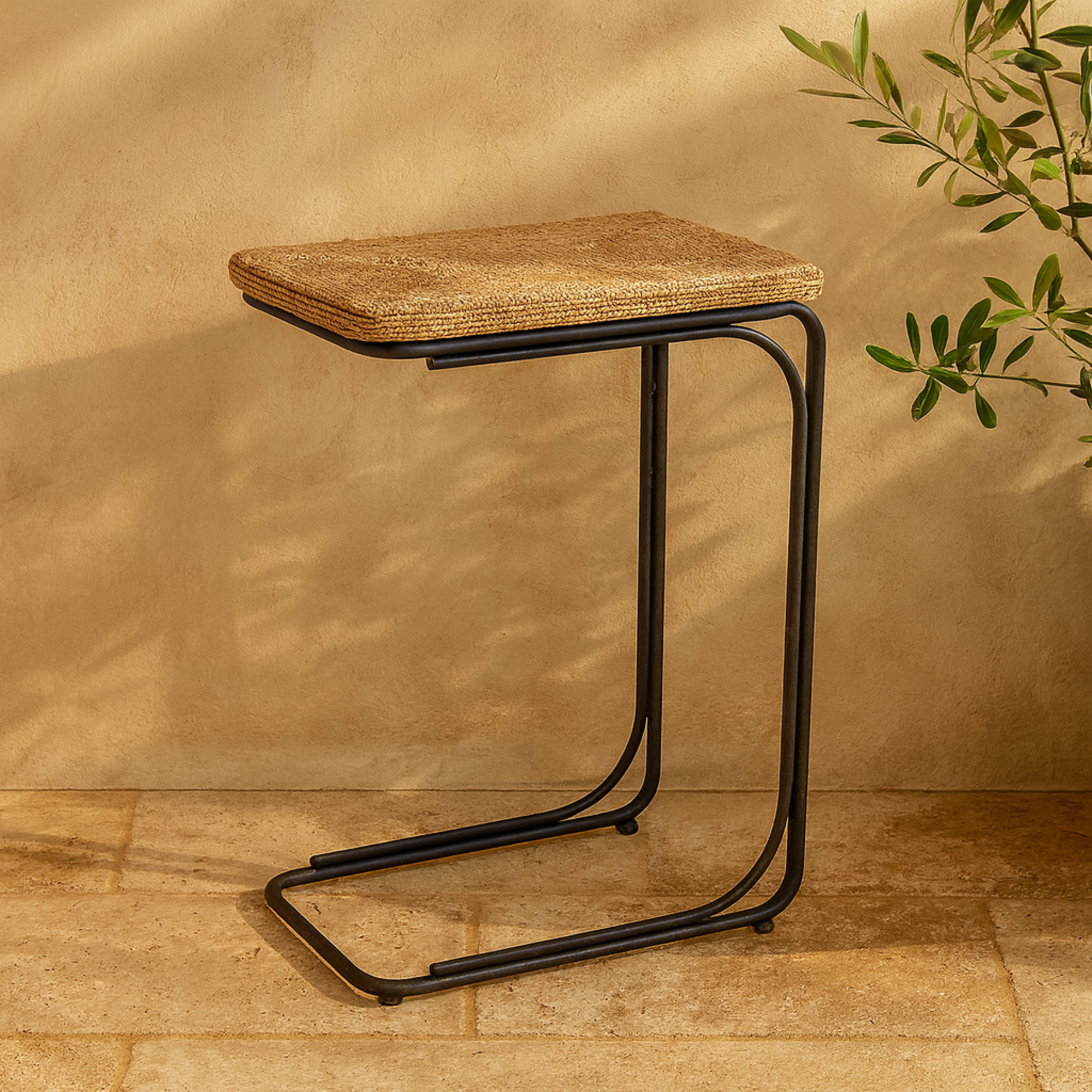 Brown Dried Plant Handmade Coiled C-Shaped Side End Accent Table with Black Metal Legs
