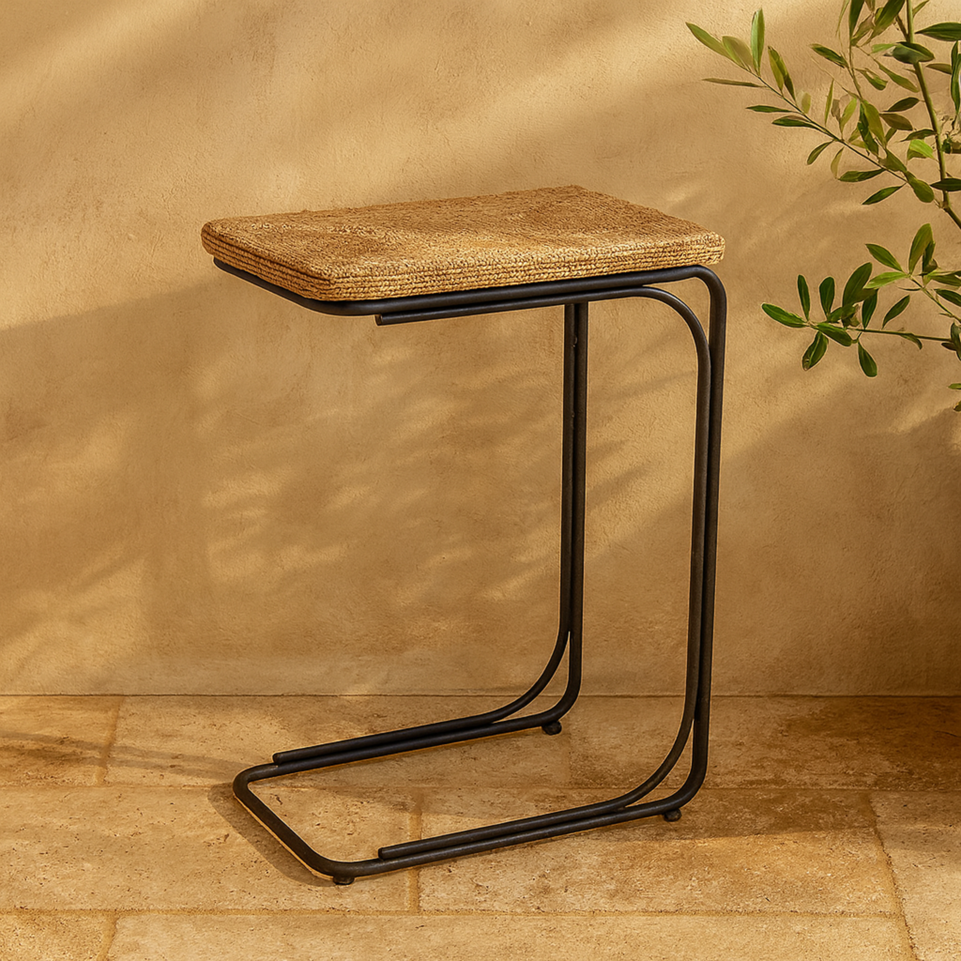 Brown Dried Plant Handmade Coiled C-Shaped Side End Accent Table with Black Metal Legs