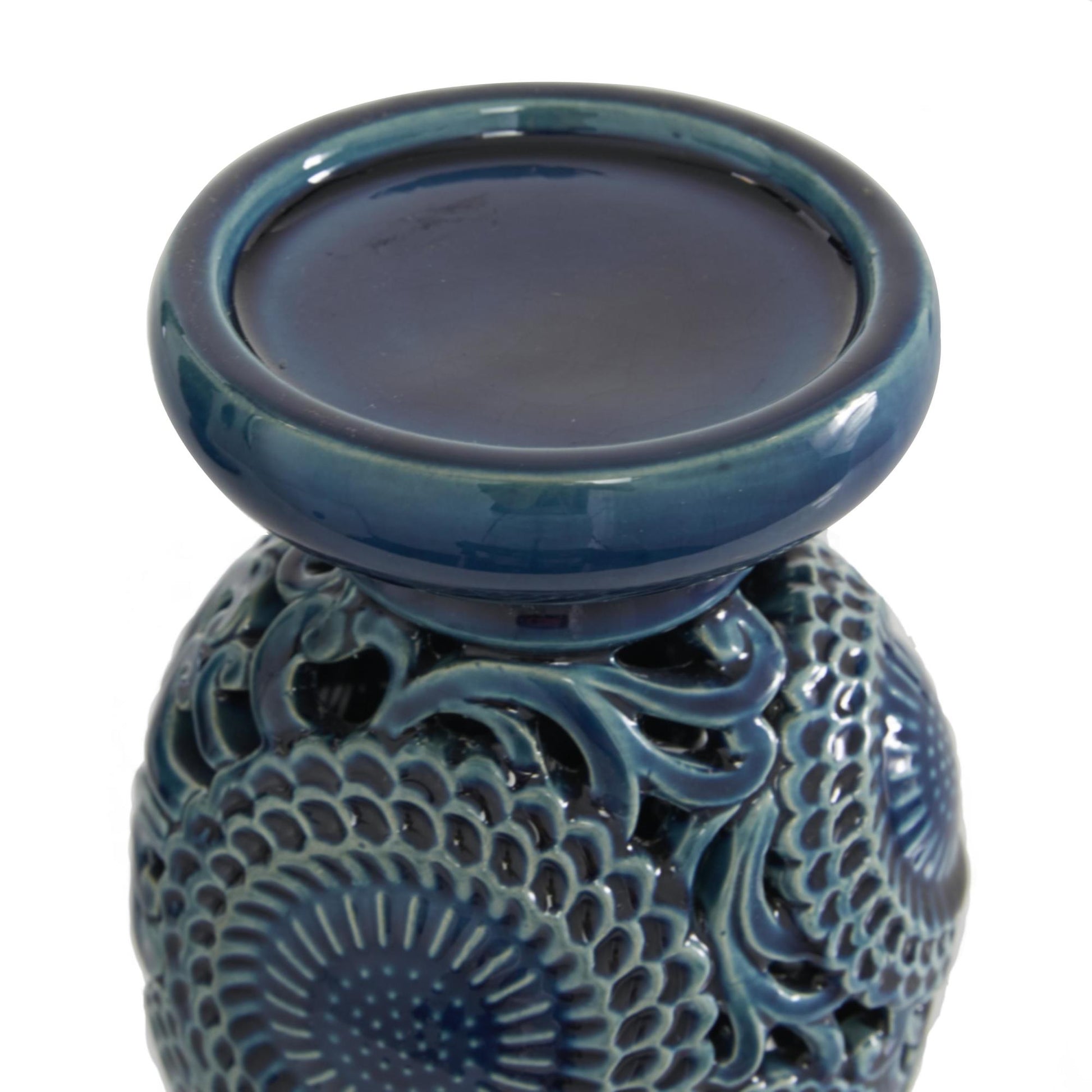 Set of 2 Floral Blue Ceramic Pillar Decorative Candle Holder