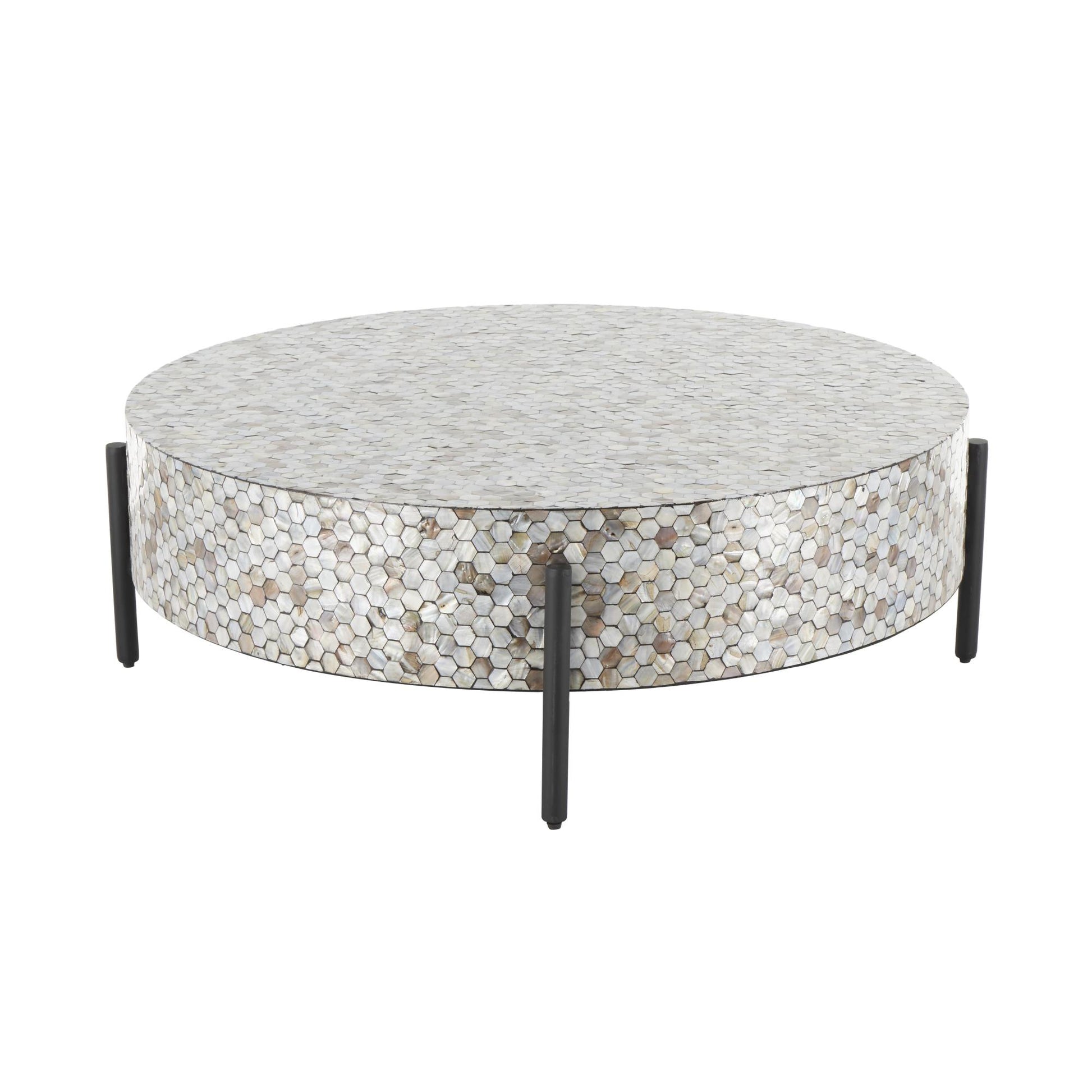 Geometric Mother of Pearl Shell Handmade Mosaic Inlay Living Room Coffee Table with Black Metal Legs 38" x 38" x 12"