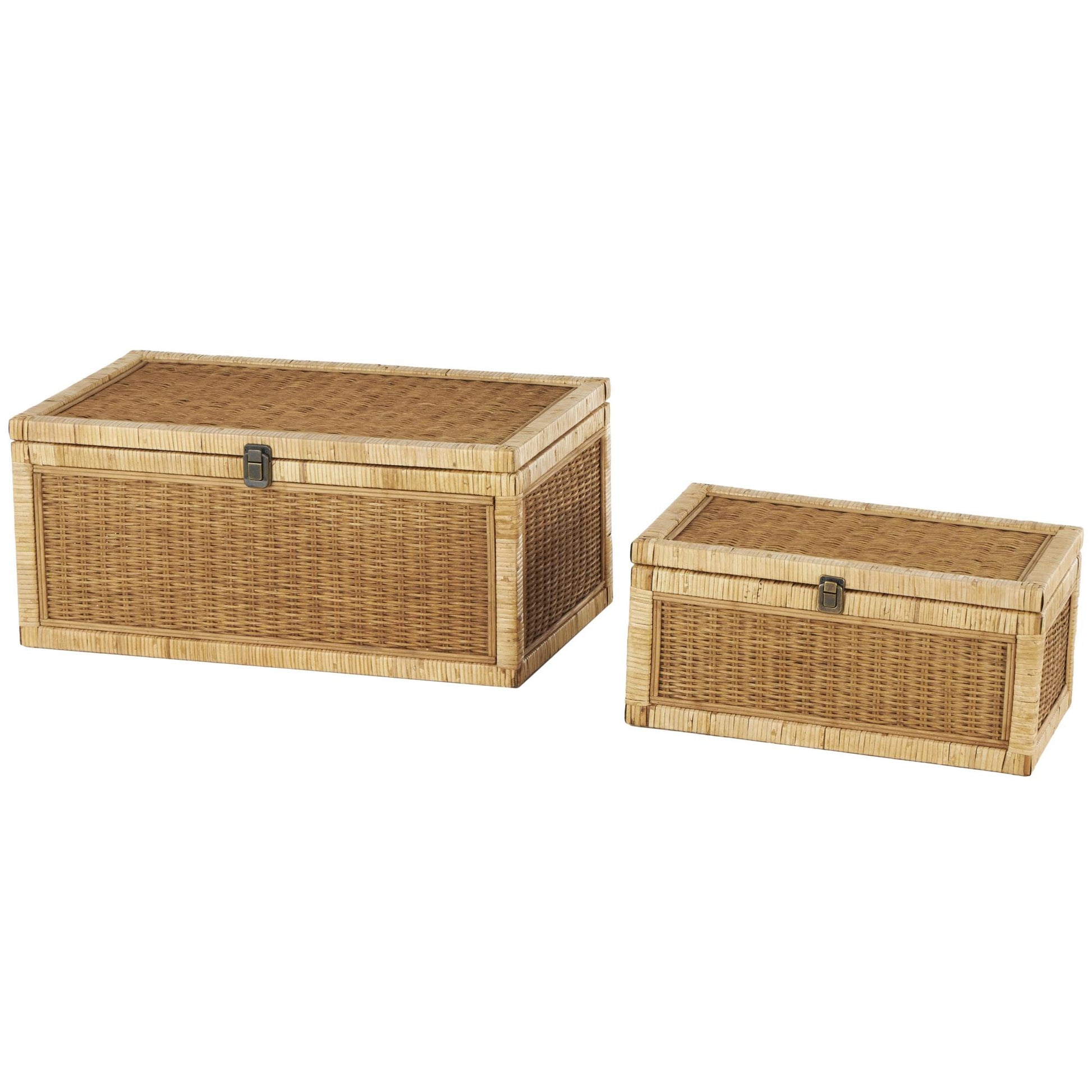 Set of 2 Brown Rattan Handmade Woven Storage Decorative Box with Wrapped Light Brown Edges