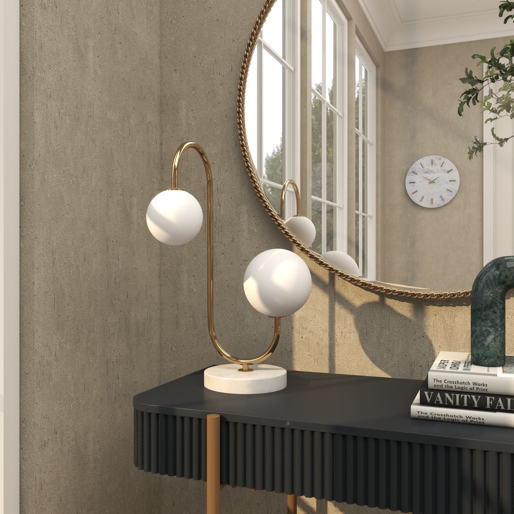 Gold Metal Curved Orb 2 Light Room Table Lamp with White Glass Shades and Marble Base