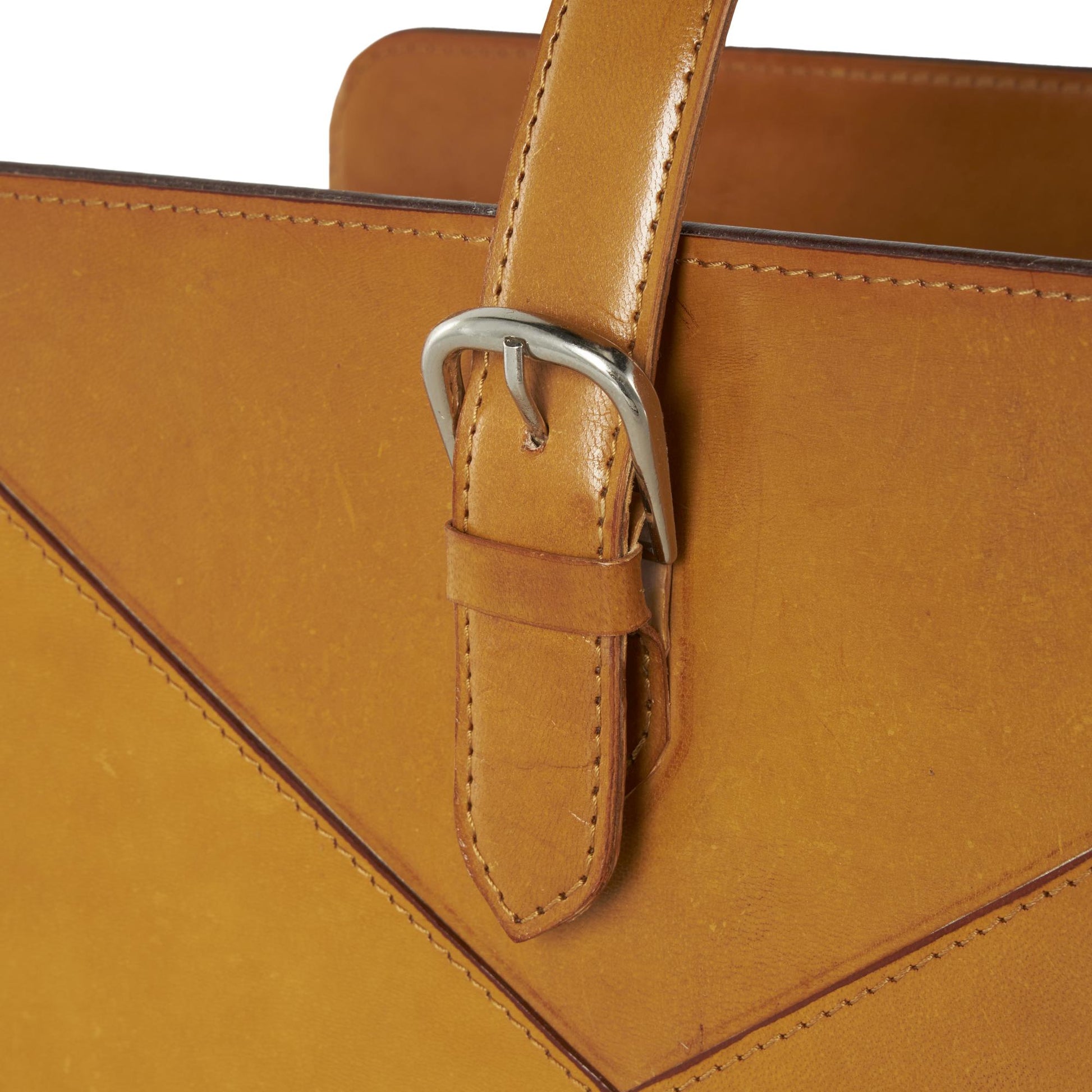 Leather Handmade Box Style Single Slot Decorative Magazine Holder with Detail Stitching and Curved Buckle Handles 16" x 11" x 17"