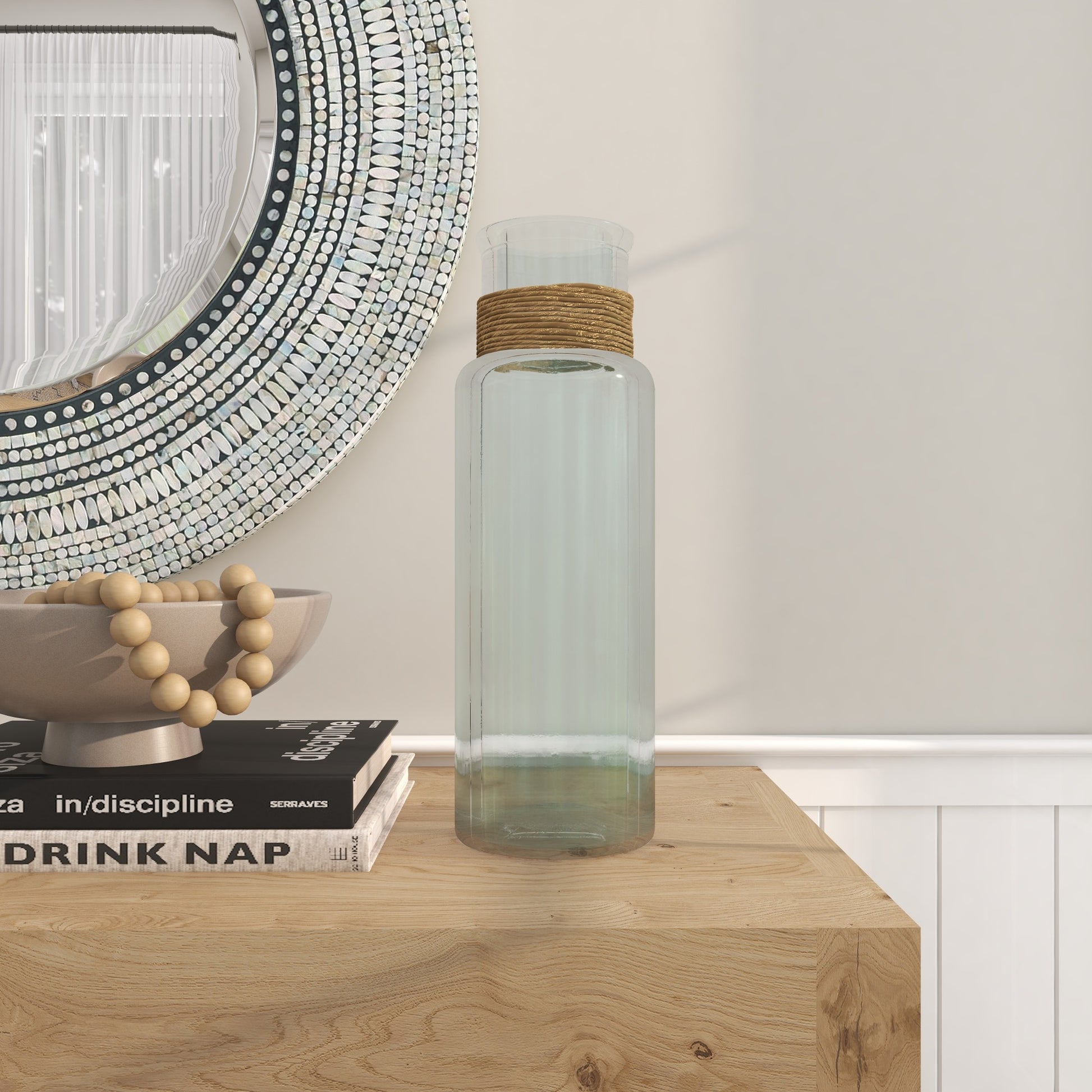 Teal Recycled Glass Handmade Slim Spanish Bottle Neck Decorative Vase with Wrapped Rattan Neck