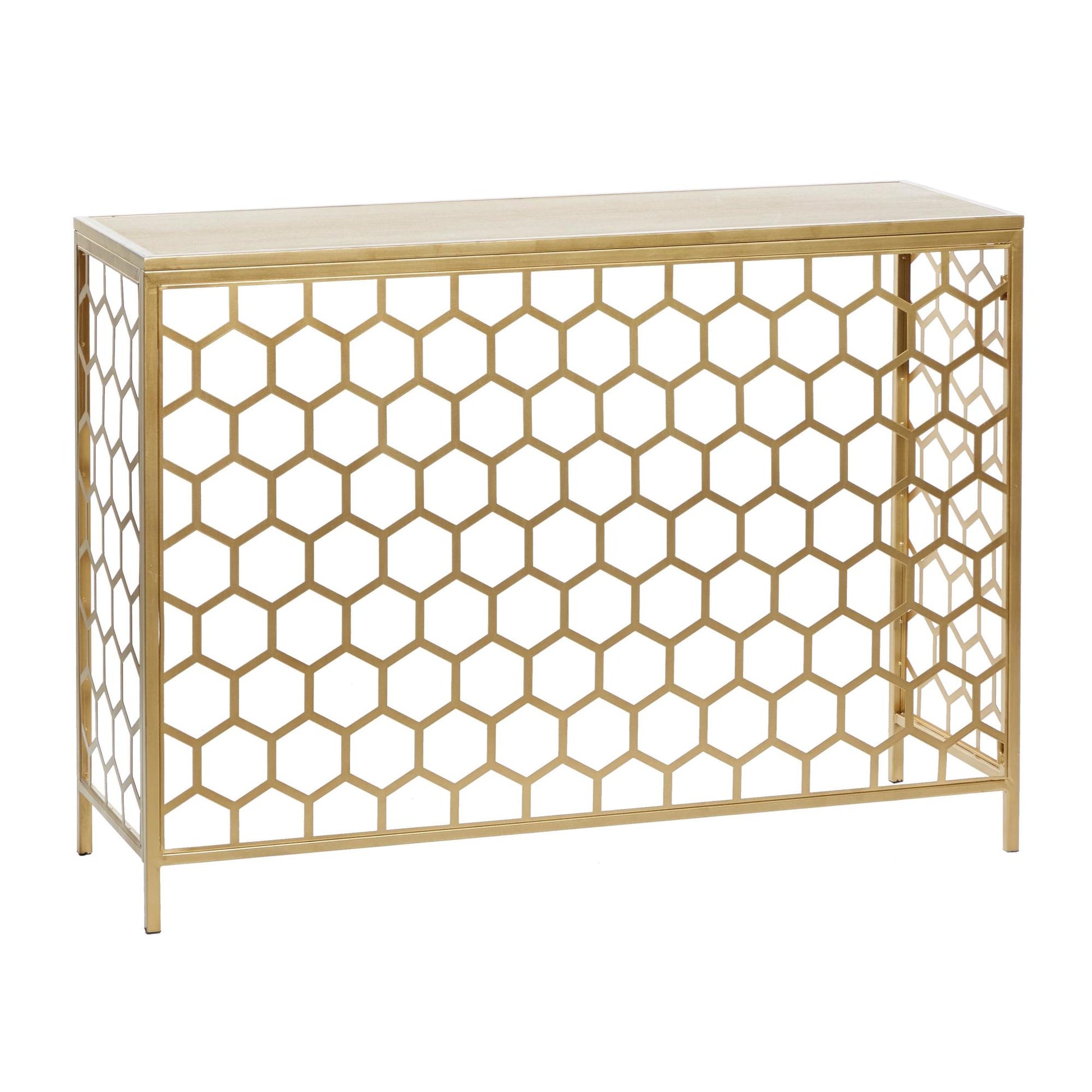 Geometric Gold Metal Honeycomb Pattern Living Room Console Table with Brown Wood Top