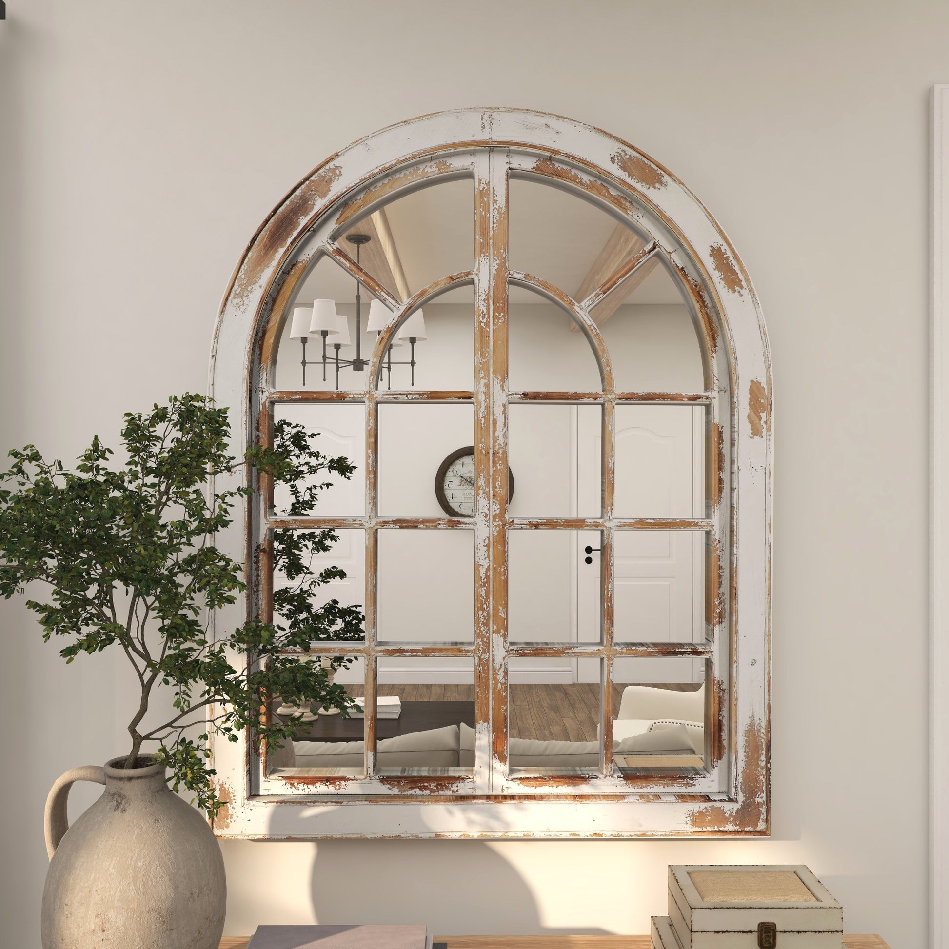 Wood Window Pane Inspired Room Wall Mirror with Arched Top and Distressing