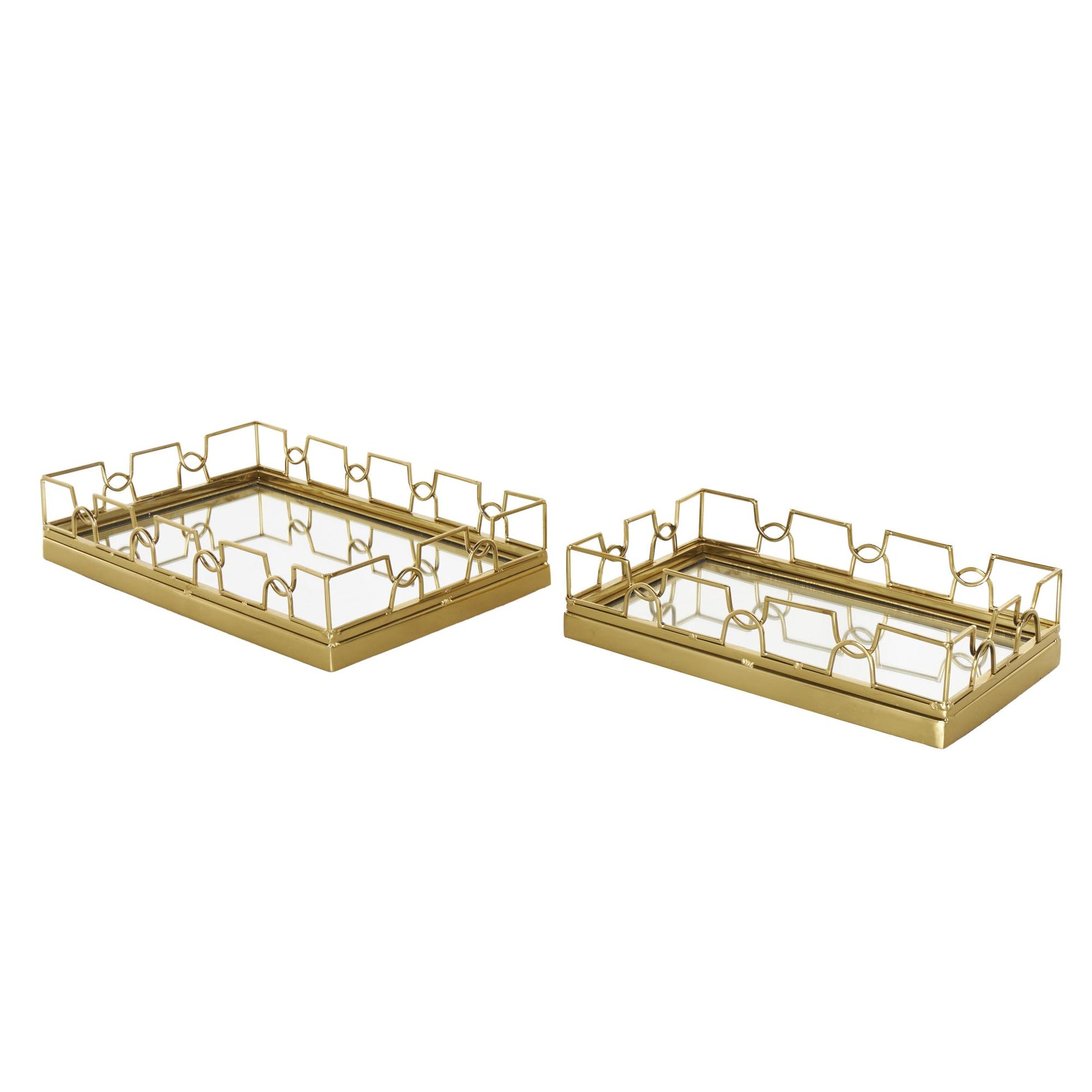 Set of 2 Geometric Gold Stainless Steel Metal Mirrored Living Room Decor Tray with Wire Rod Frame