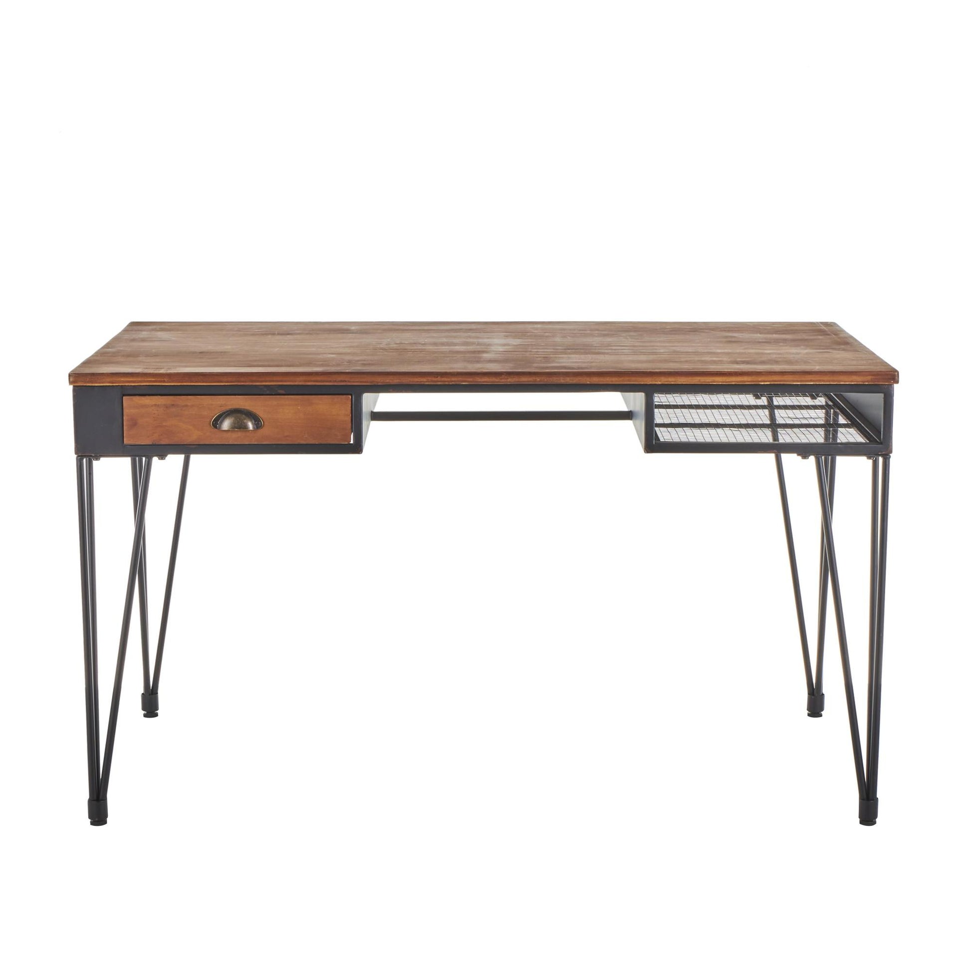 Black Metal Double Sided Living Room Desk with Brown Wooden Tabletop and Drawers