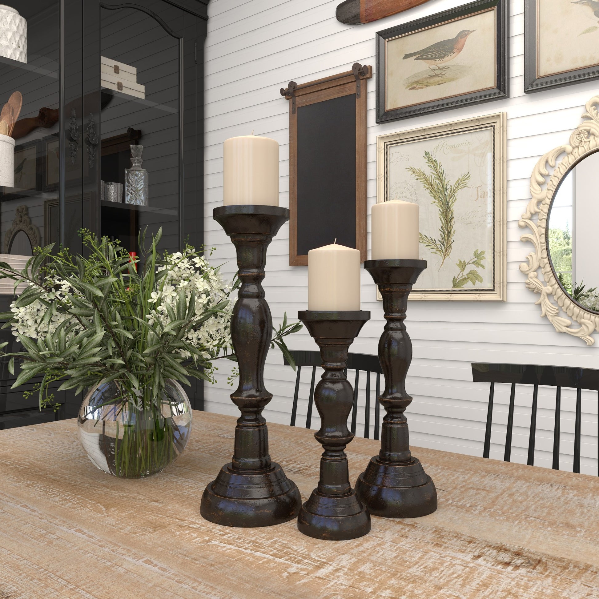 Set of 3 Black Mango Wood Decorative Candle Holder