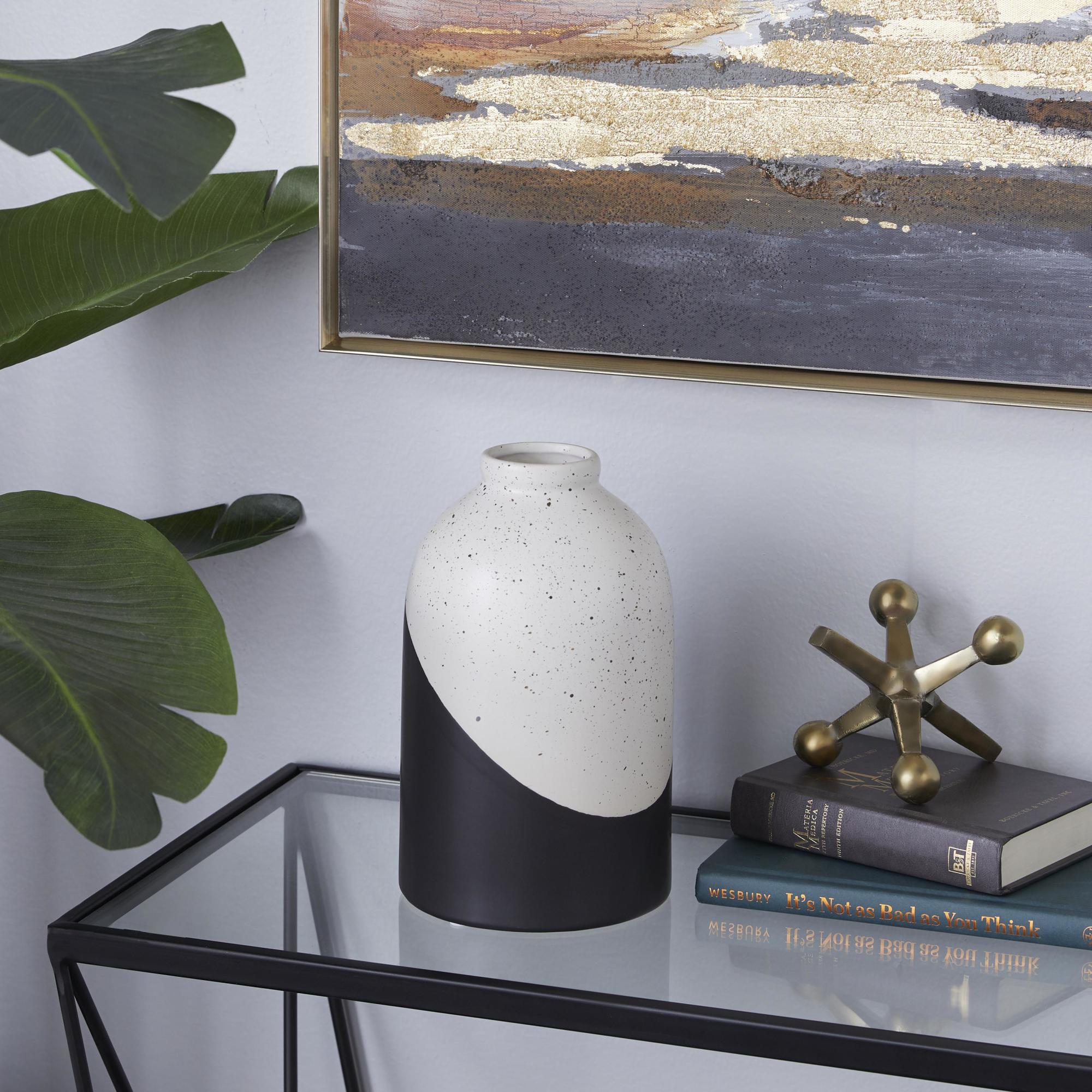 Black Ceramic Color Block Speckled Decorative Vase with White Top
