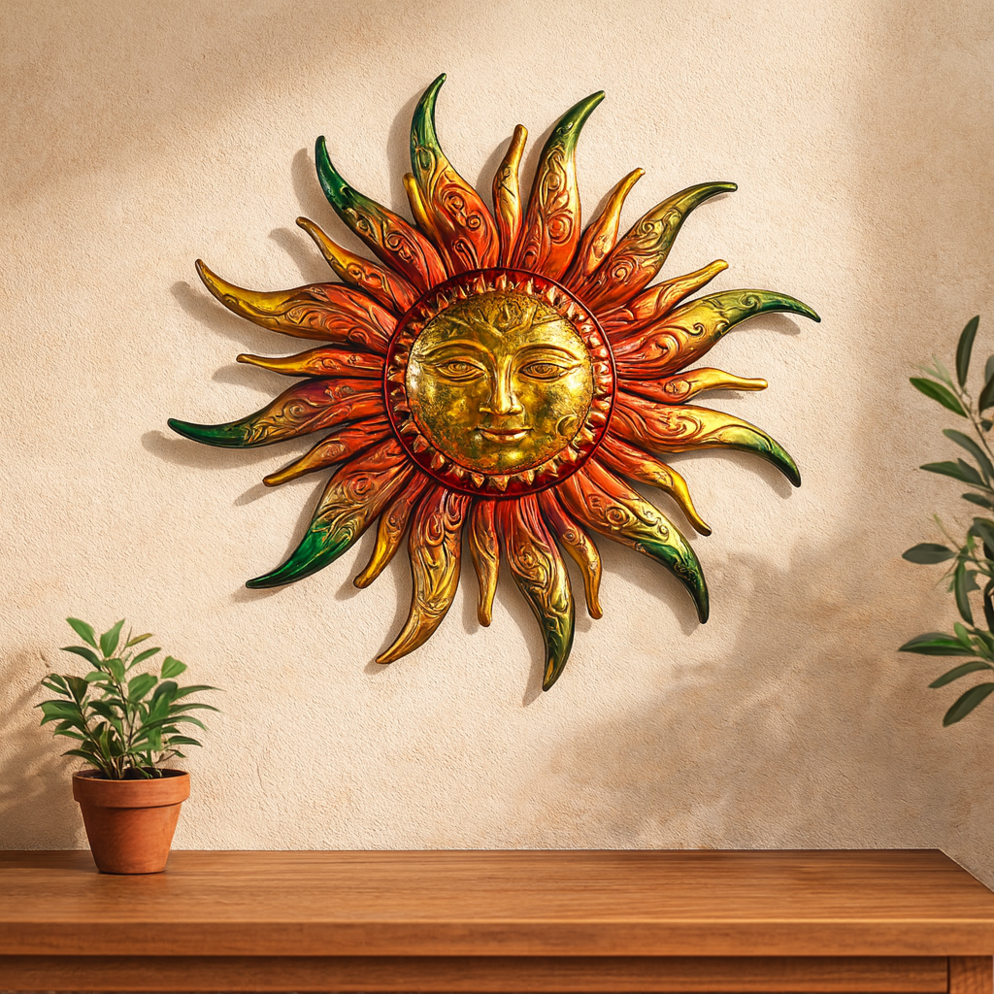 Sun Gold Stainless Steel Metal Face Home Wall Decor with Red, Green, and Orange Accents