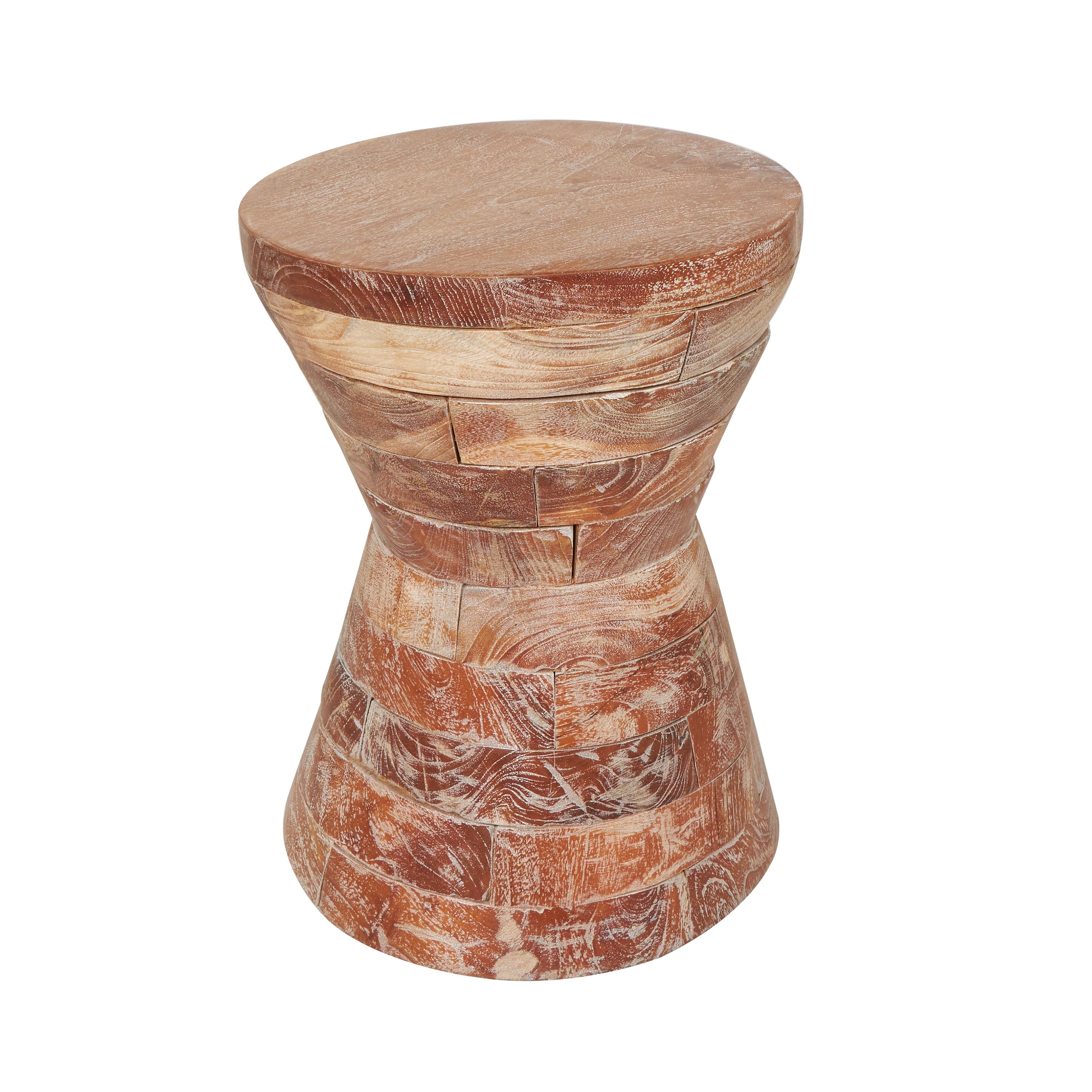 Geometric Teak Wood Handmade Hourglass Side End Accent Table with Stacked Wood Pieces