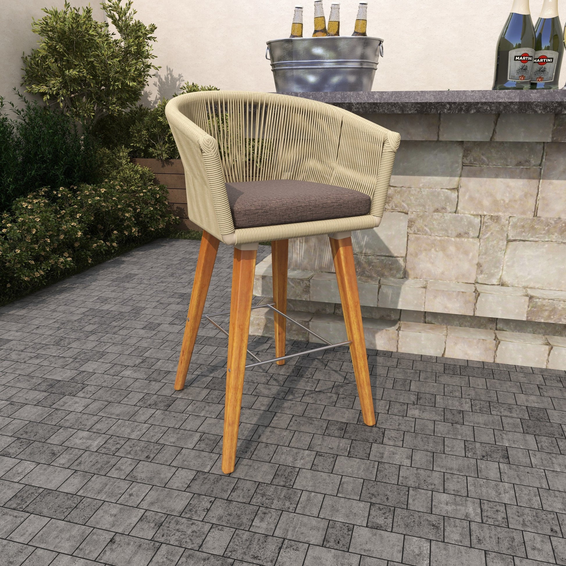 Gray Fabric Woven Rope Indoor Kitchen Bar Stool with Polyester Cushion and Tapered Wood Legs