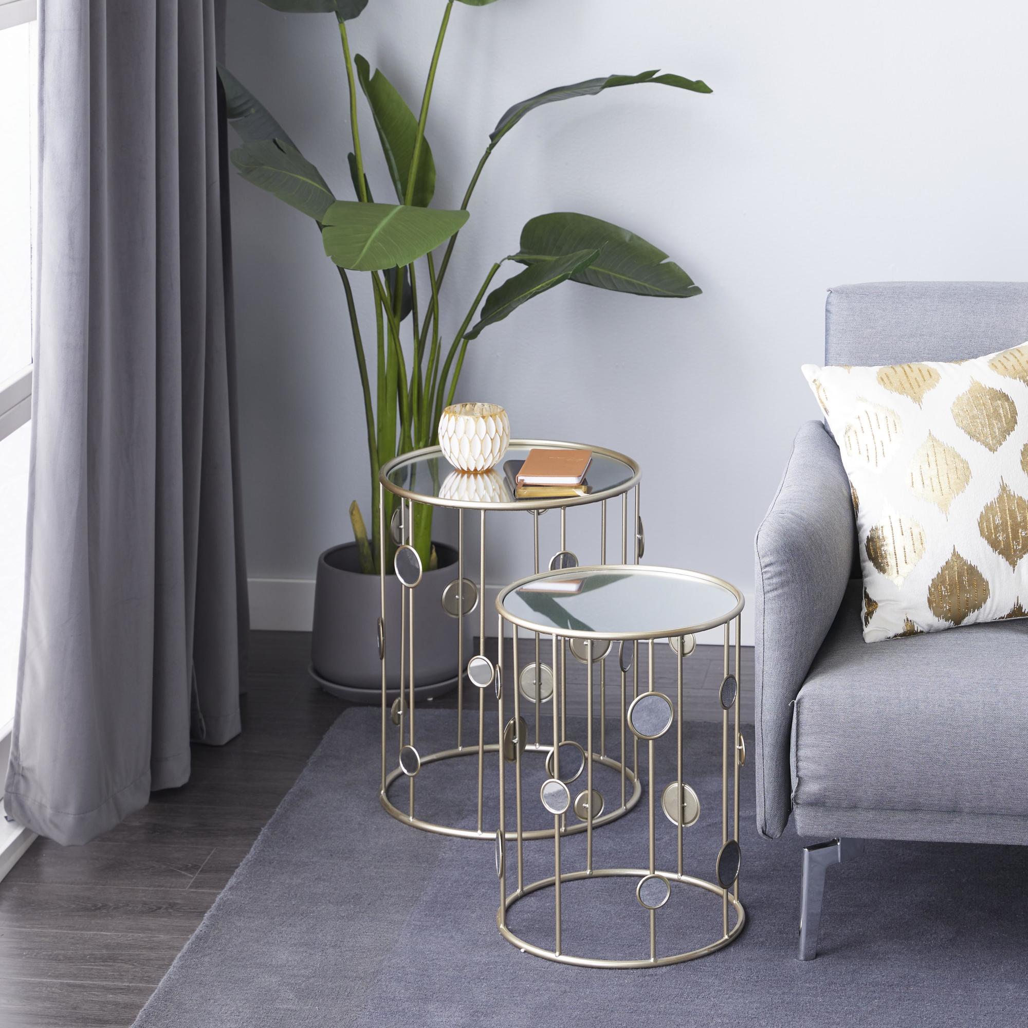 Set of 2 Champagne Metal Open Frame Side End Accent Table with Mirrored Glass Top and Circular Accents