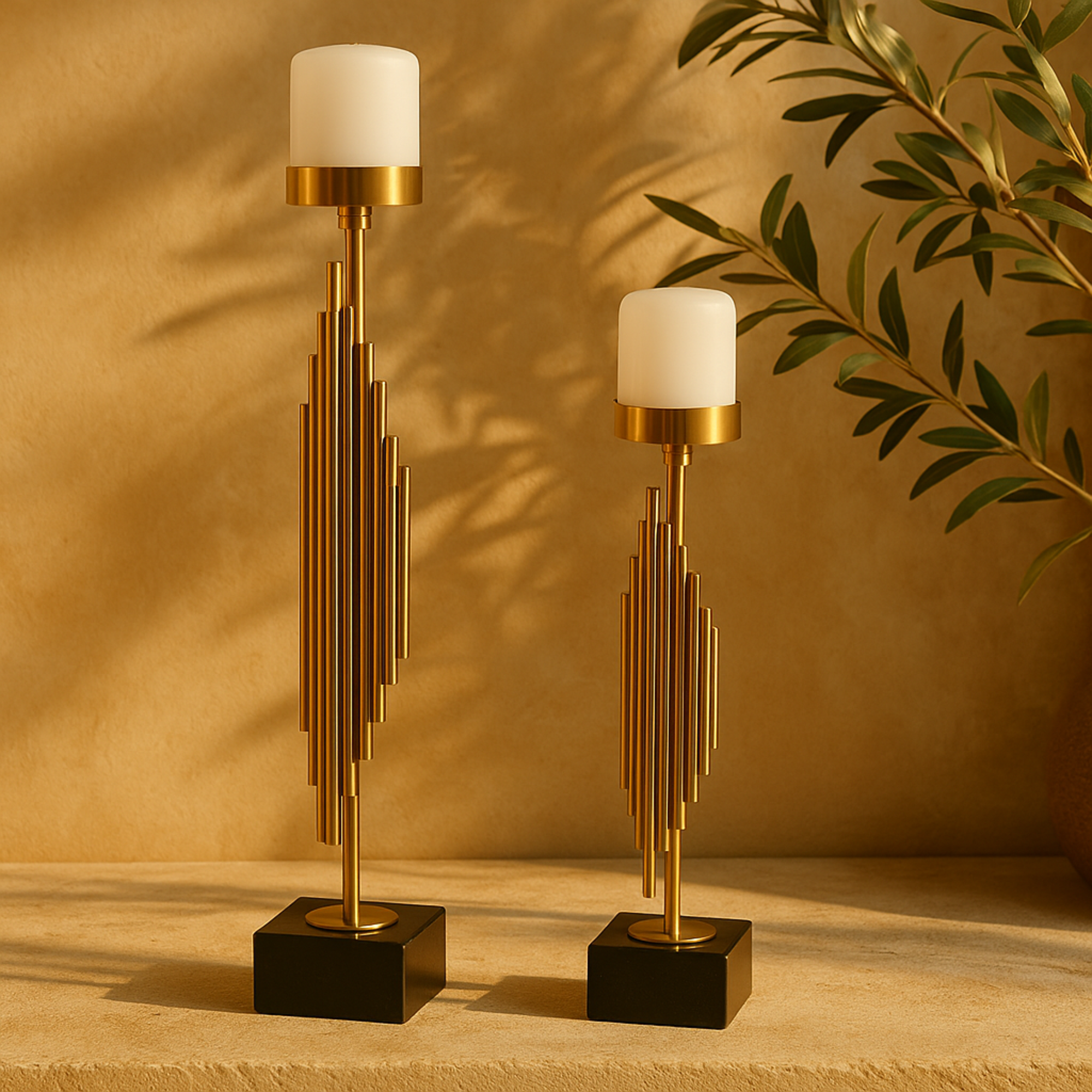Set of 2 Abstract Gold Stainless Steel Metal Vertical Pipe Decorative Candle Holder with Black Marble Base