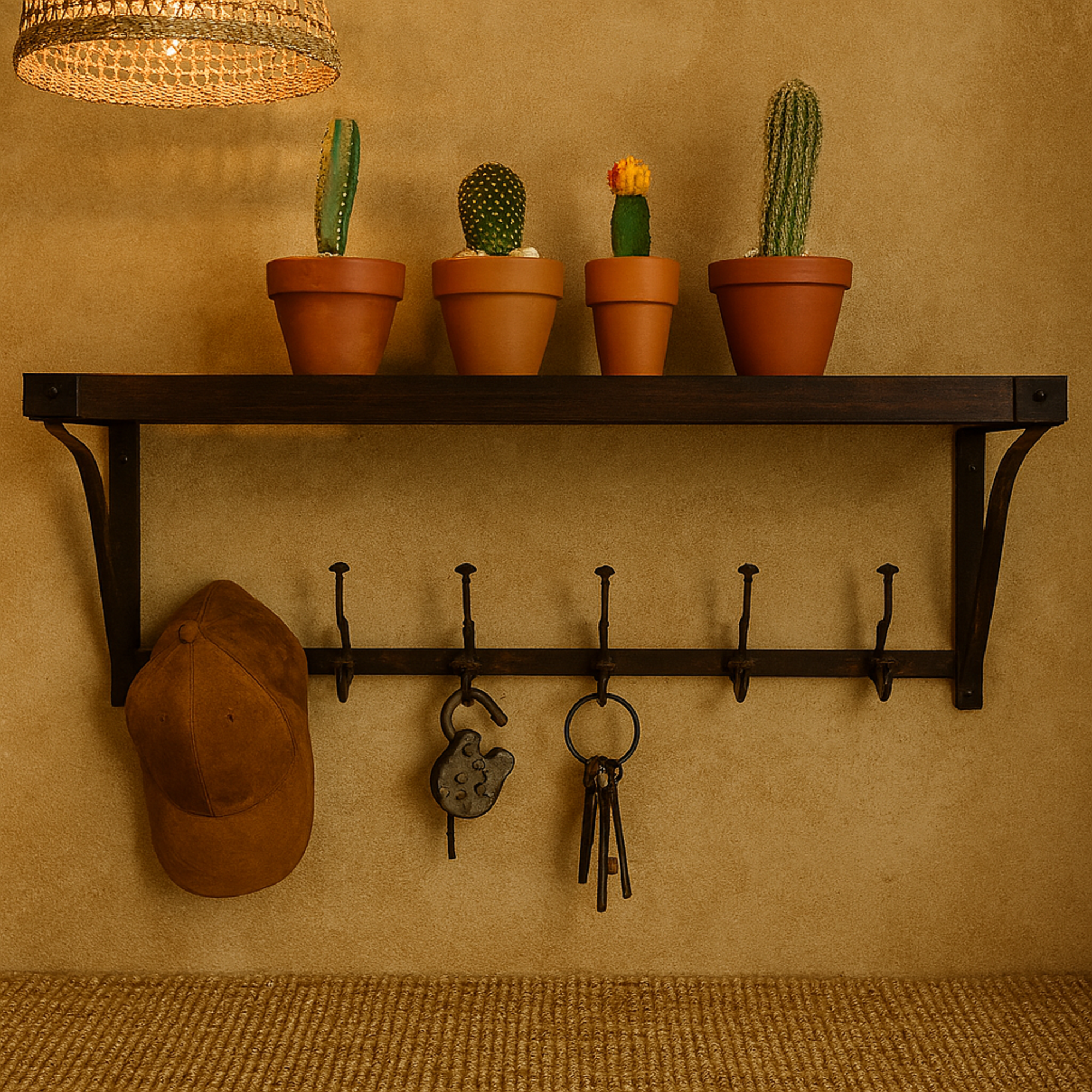 Brown Wood Shelf 6 Hanger Home Wall Hook with Black Metal Frame