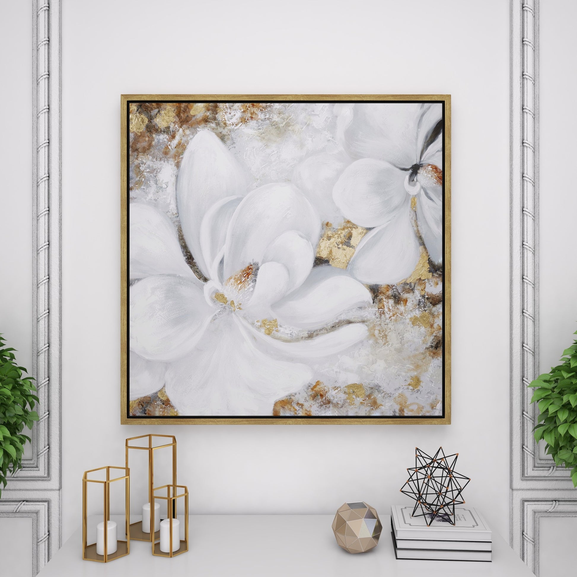 Floral White Canvas Handmade Living Room Framed Wall Art with Gold Frame