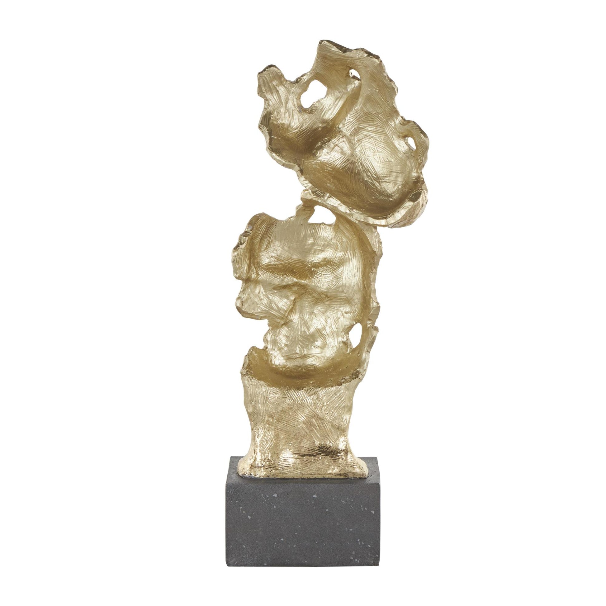 Mask Gold Polystone Stacked Face Cutout Decorative Sculpture with Black Block Base