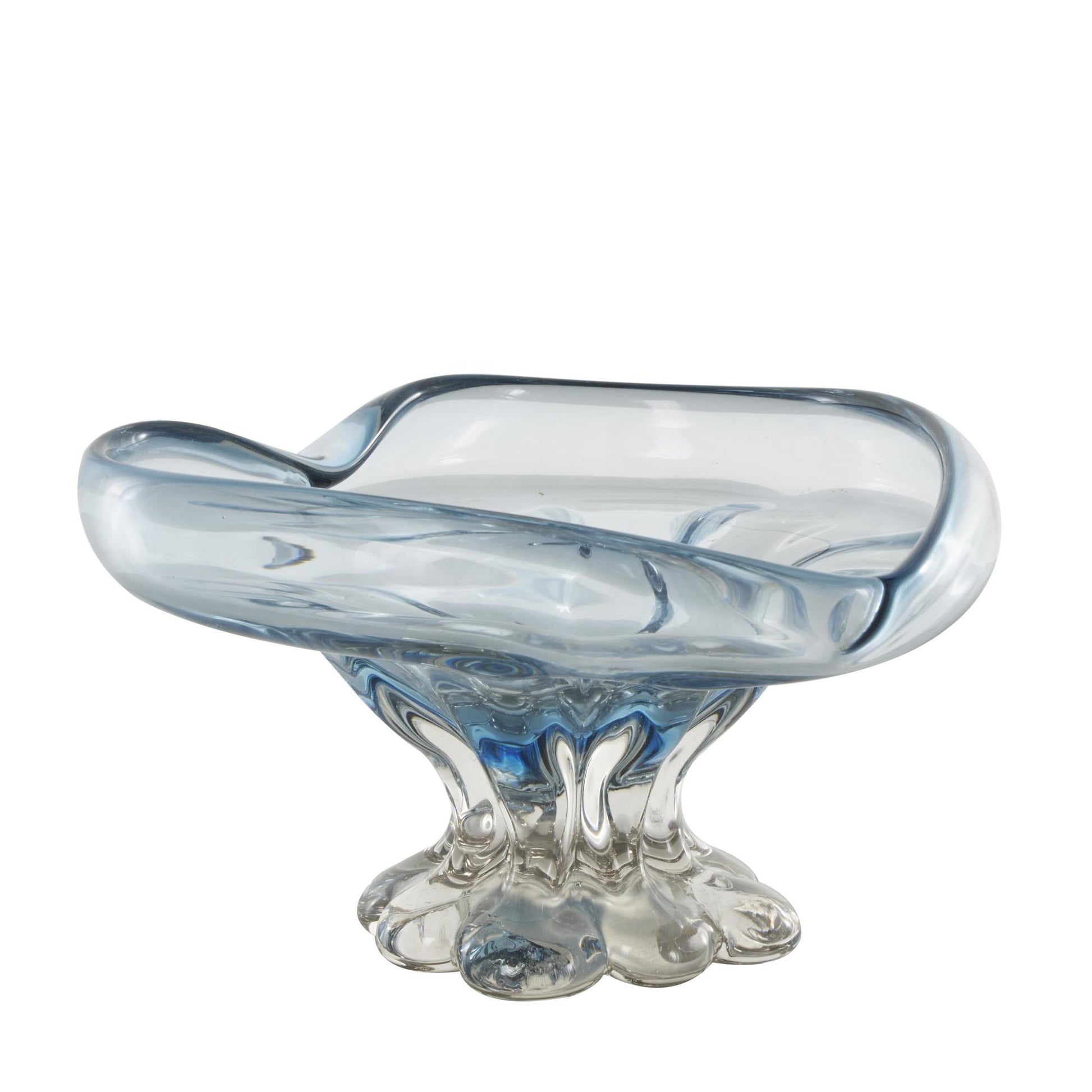 Heart Blue Glass Ombre Large Decorative Bowl with Folded Curve Opening and Scalloped Base