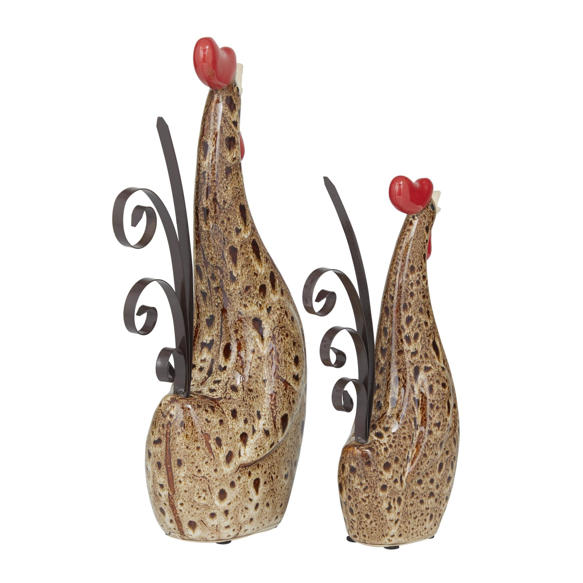 Set of 2 Rooster Cream Ceramic Indoor Outdoor Standing Decorative Garden Sculpture with Reactive Glaze Finish