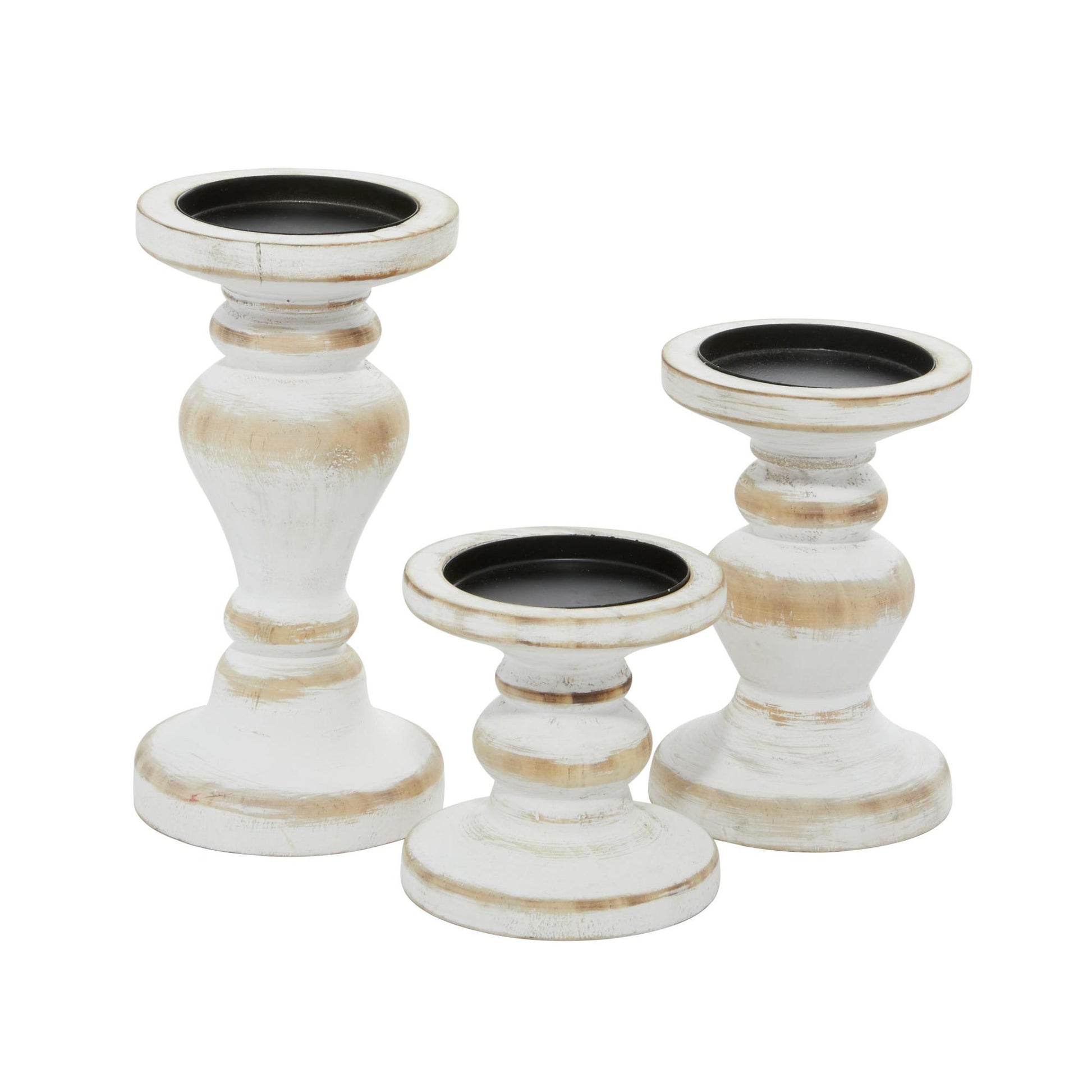 Set of 3 Wood Beaded Pillar Decorative Candle Holder Set of 3 4", 6", 8"H