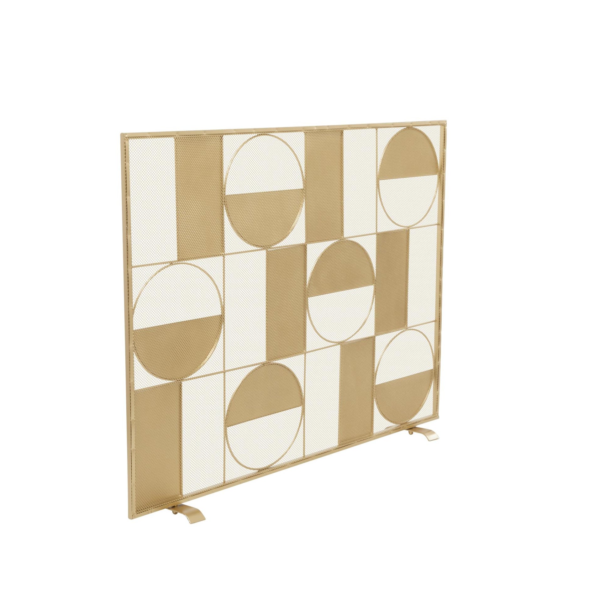 Geometric Gold Metal Cut-Out Single Panel Living Room Fireplace Screen with Mesh Netting