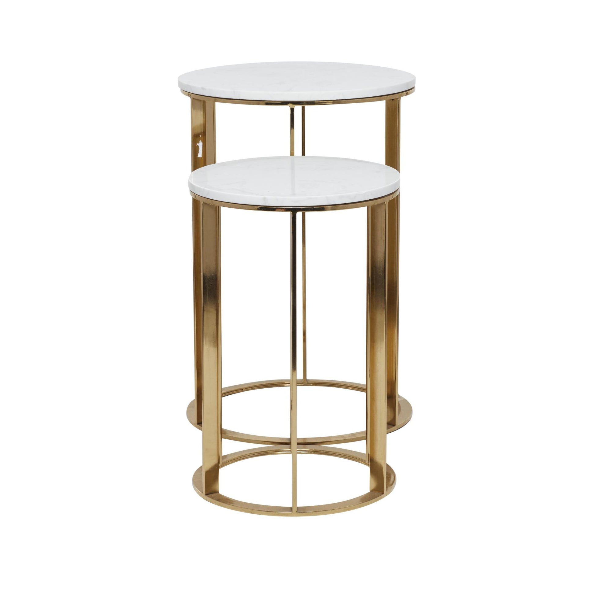 Set of 2 Gold Metal Side End Accent Table with Marble Top