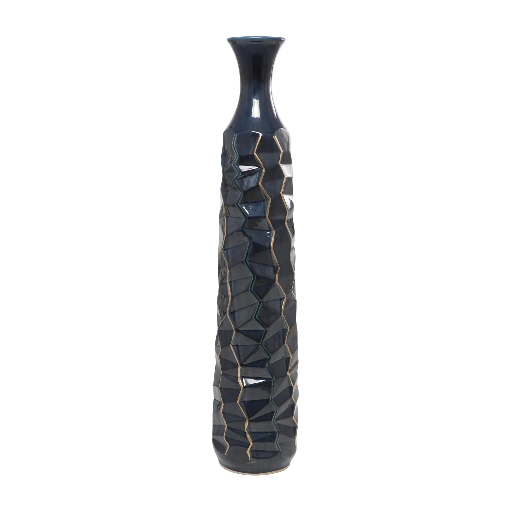 Teal Ceramic Geometric Floor Decorative Vase with Gold Accents
