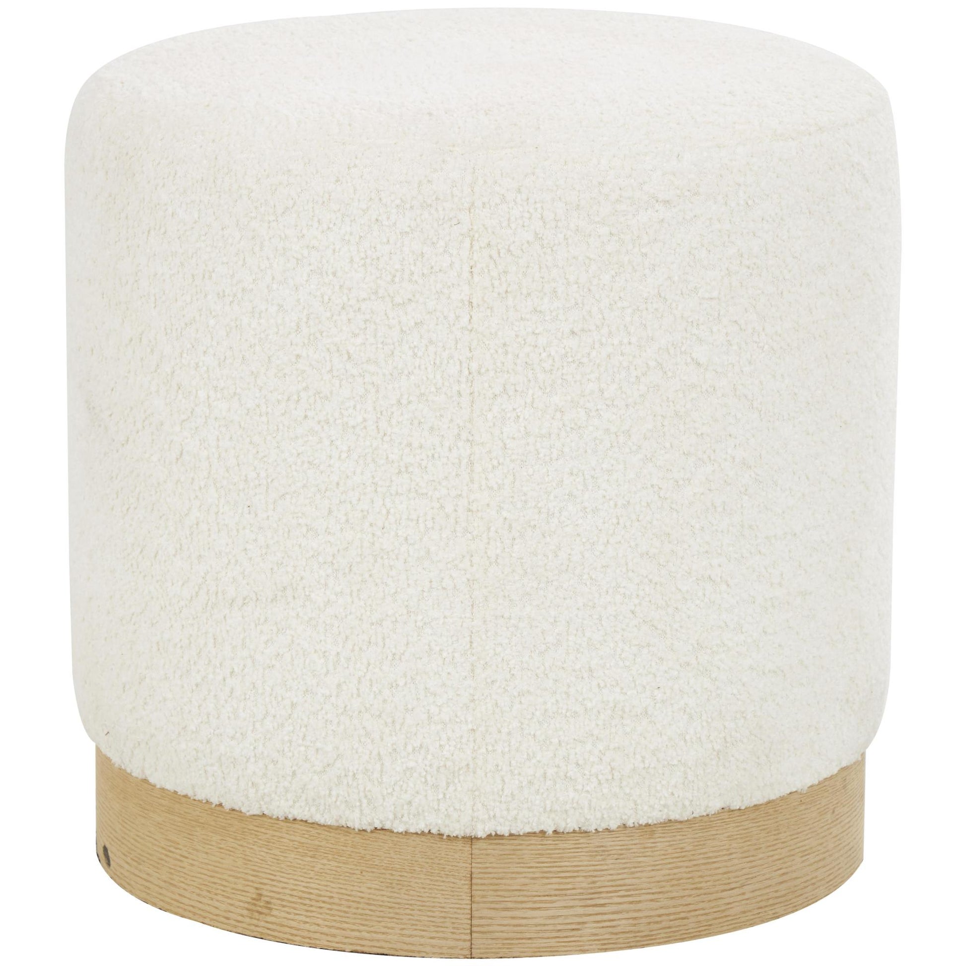 Geometric White Polyester Boucle Living Room Stool with Brown Wooden Base