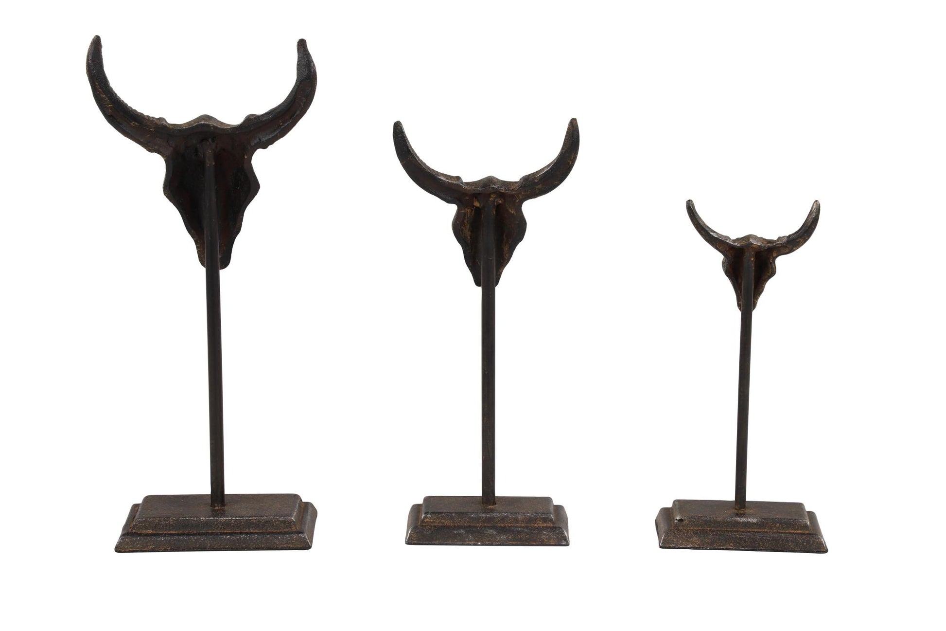 Set of 3 Bull Gray Metal Head Decorative Sculpture