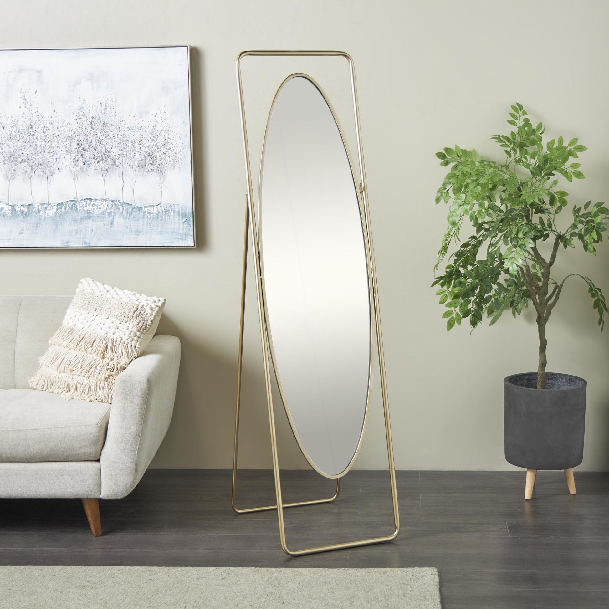 Geometric Gold Metal Oval Room Floor Mirror with Rectangular Frame and Stand