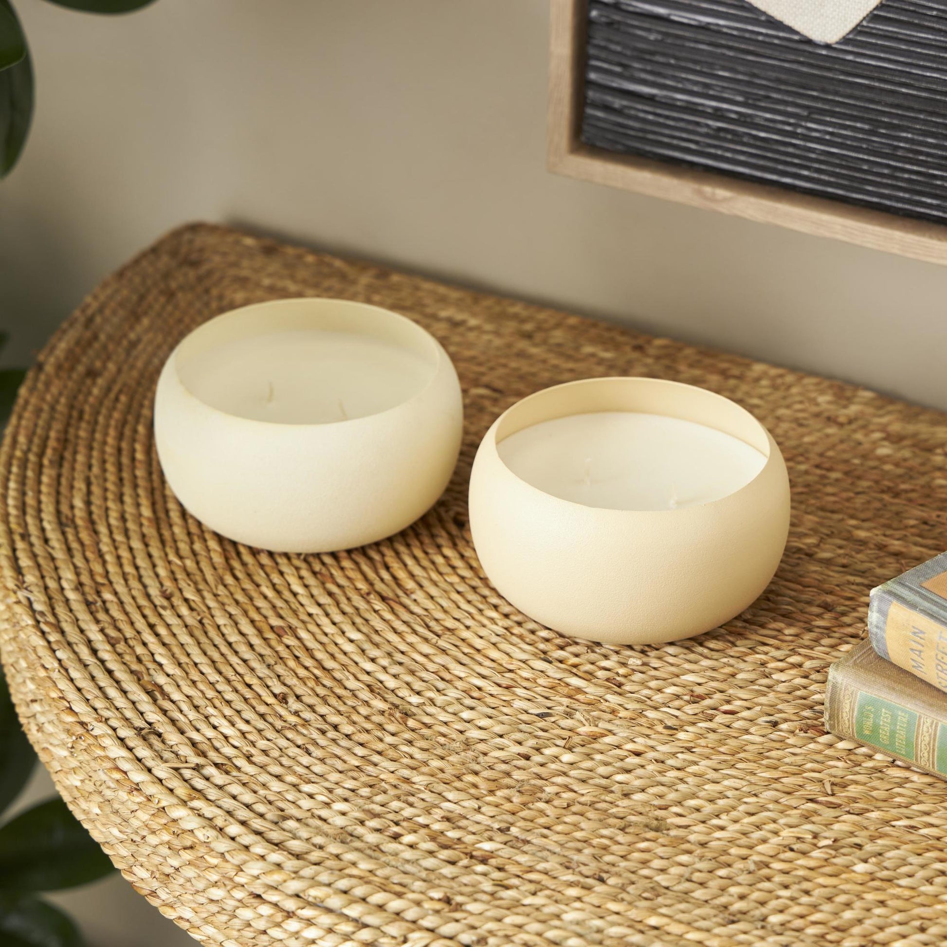 Set of 2 Metal Fresh Cotton/ White Tea & Ginger Scented Textured 11oz 2 Wick Decorative Candle with White Wax