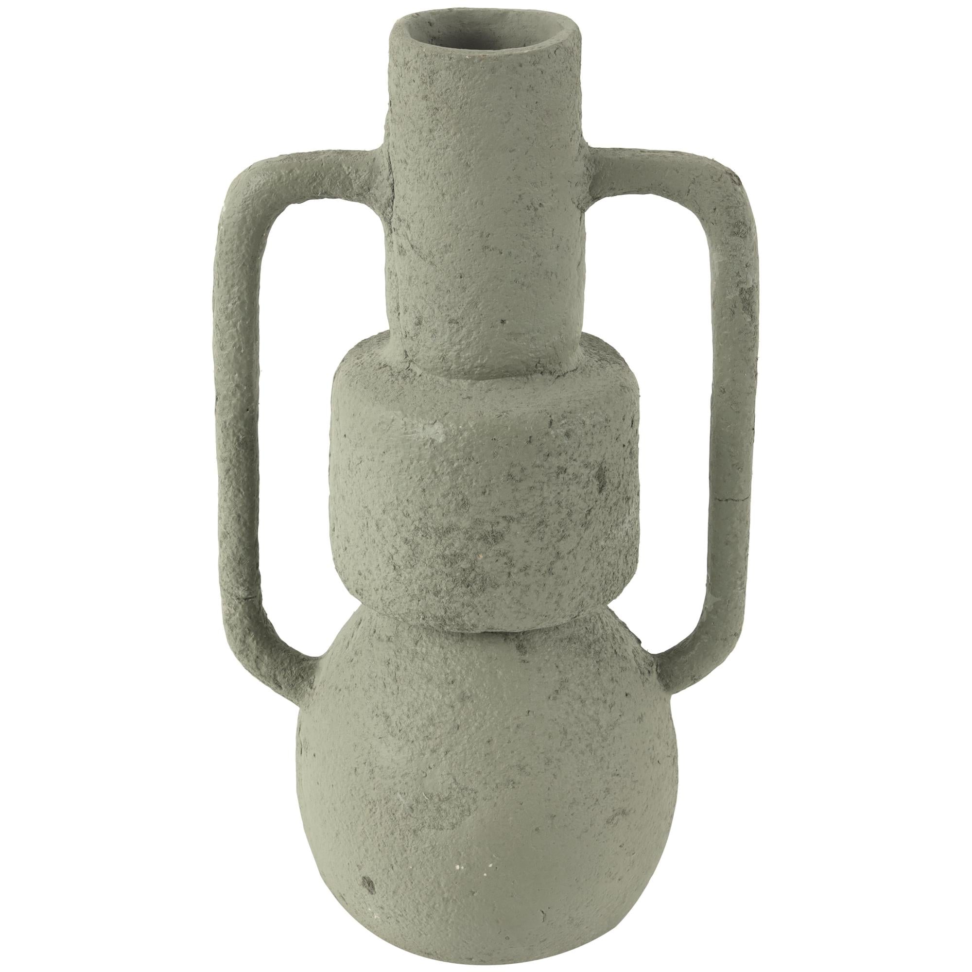 Abstract Light Gray Paper Mache Textured Decorative Vase with Squared Handles