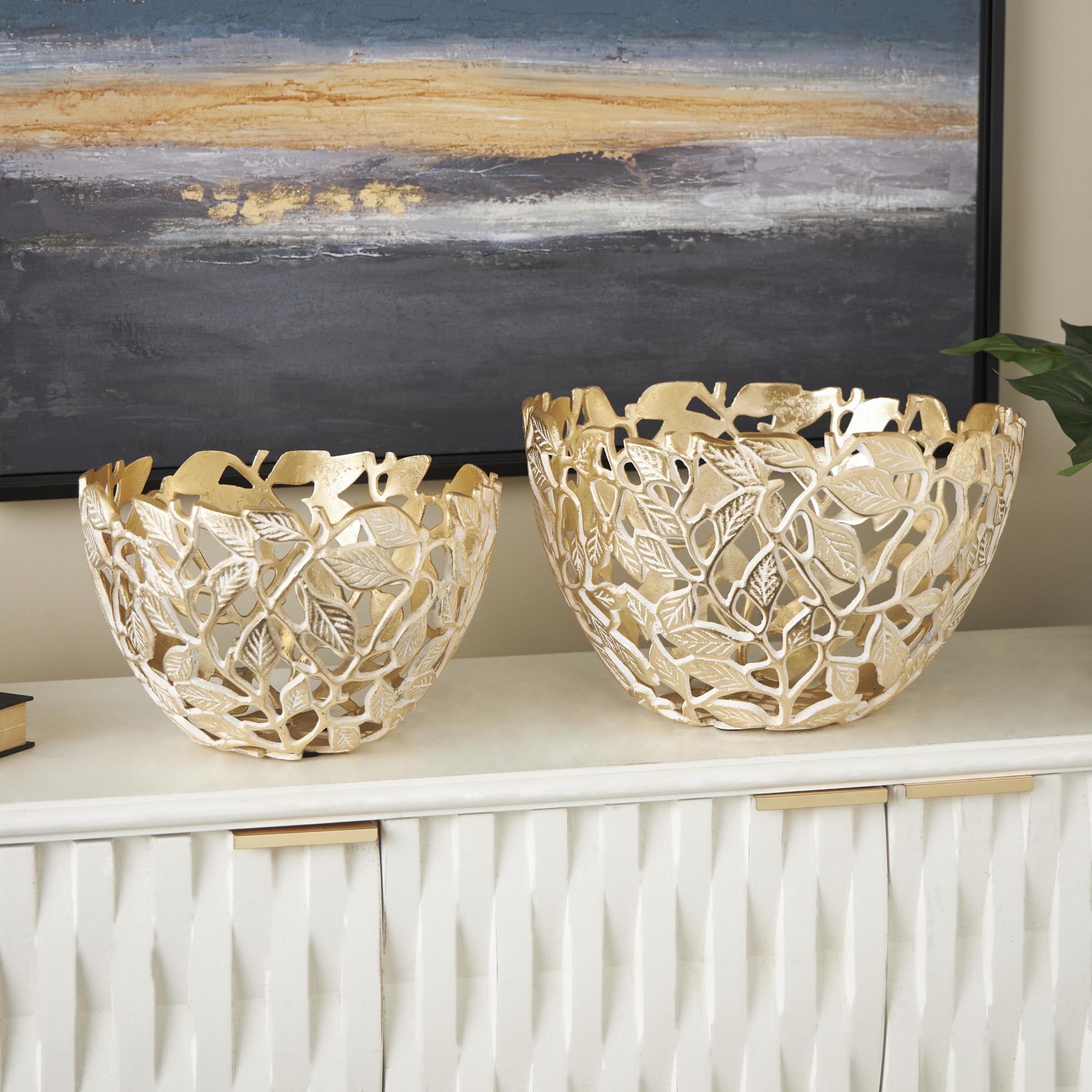 Set of 2 Leaf Gold Aluminum Metal Large Decorative Bowl with White Detailing