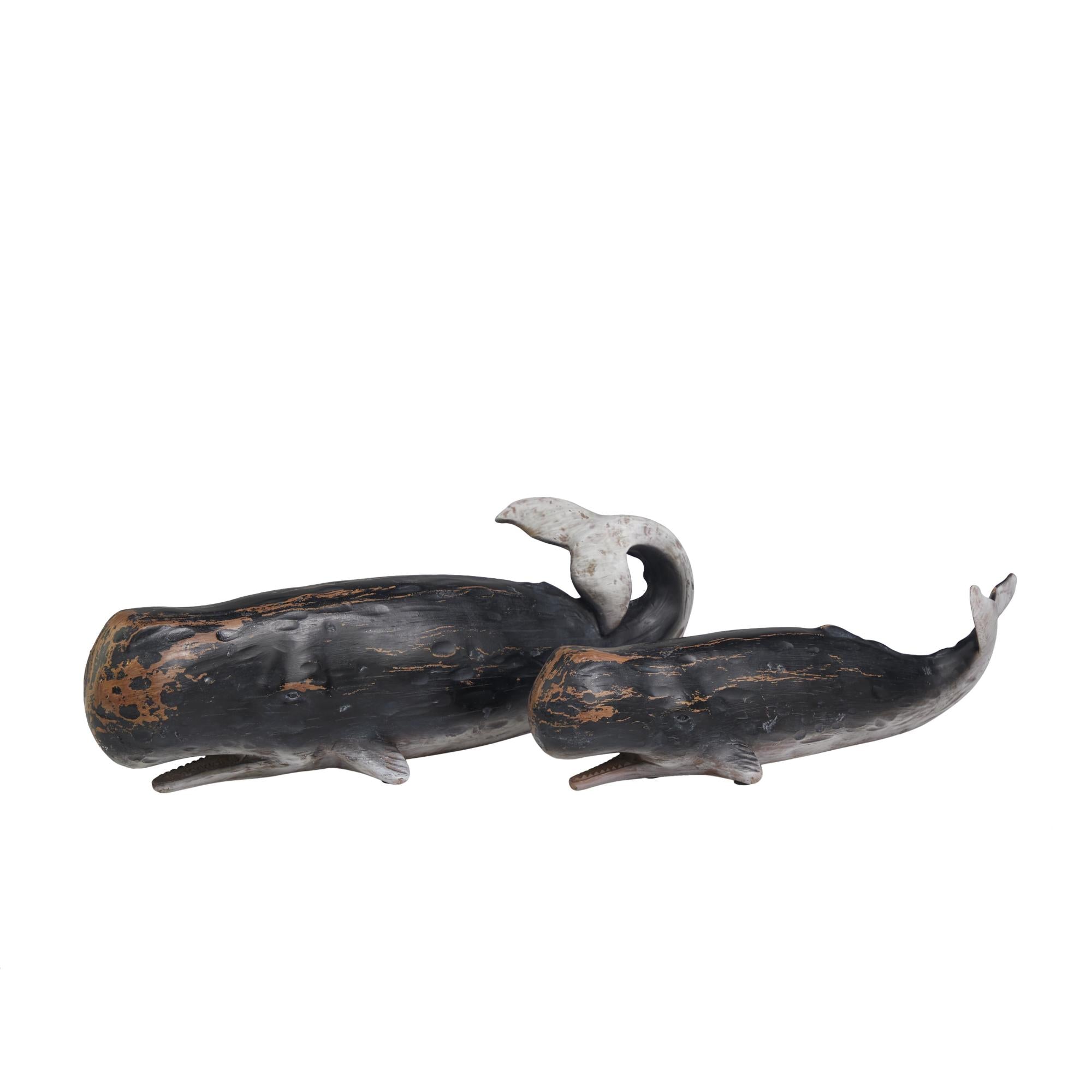 Set of 2 Whale Black Polystone Distressed Decorative Sculpture with Brown Wood Inspired Accents