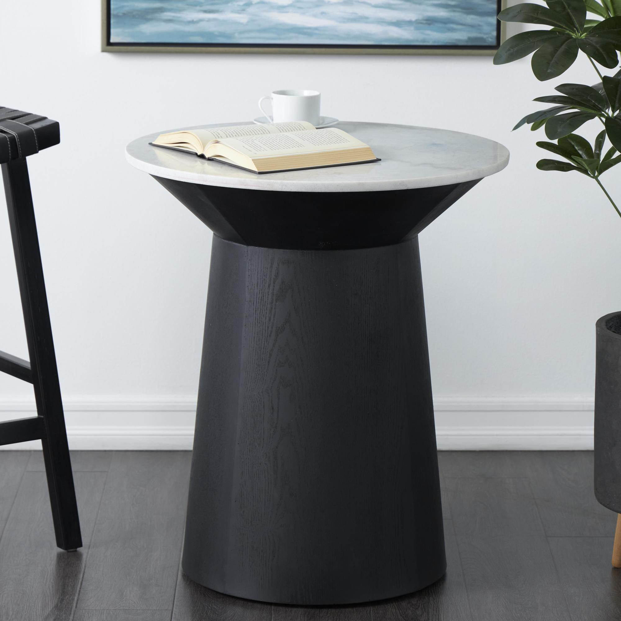 Geometric White Marble Side End Accent Table with Black Wooden Base