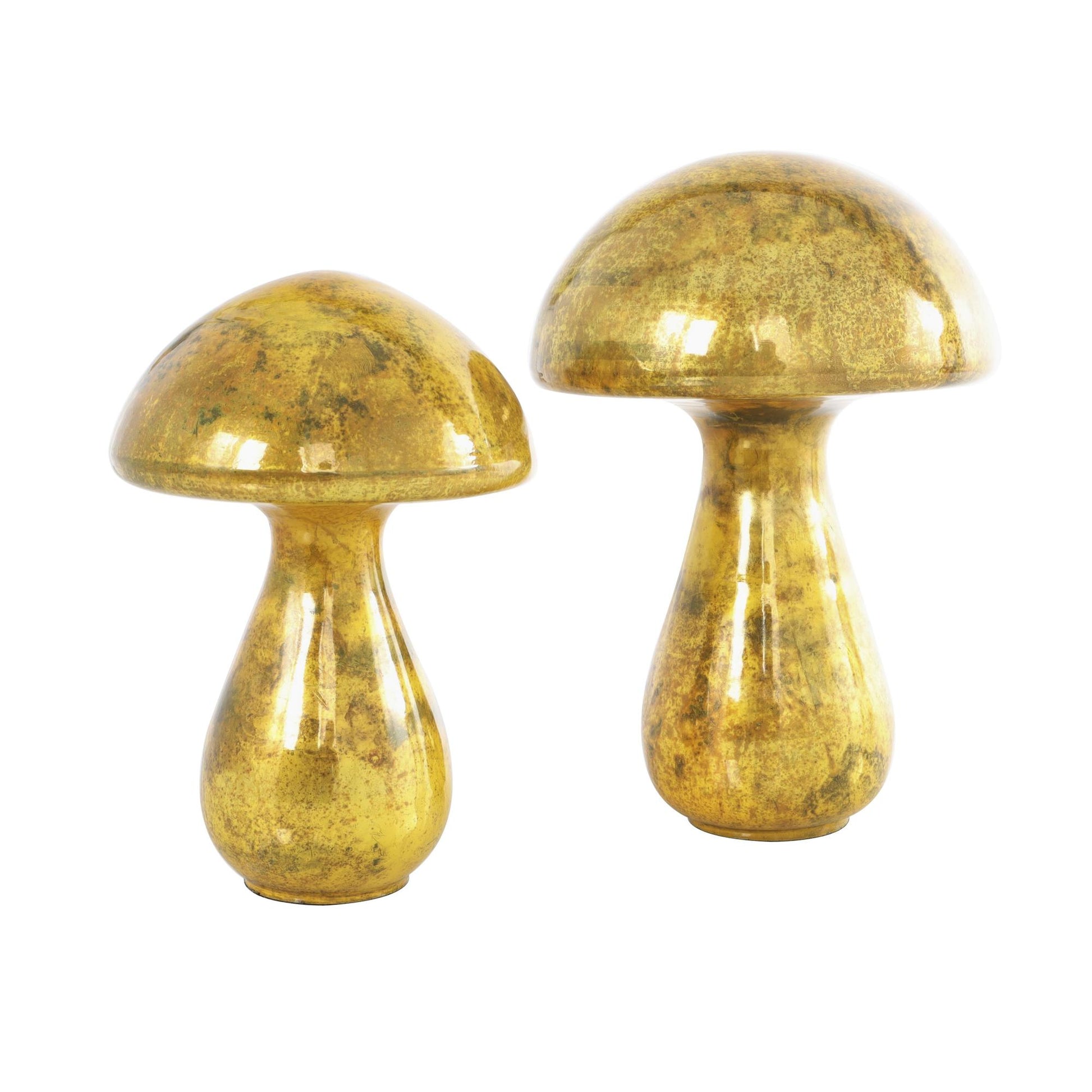 Set of 2 Mushroom Glass Handmade Glossy Weathered Decorative Sculpture