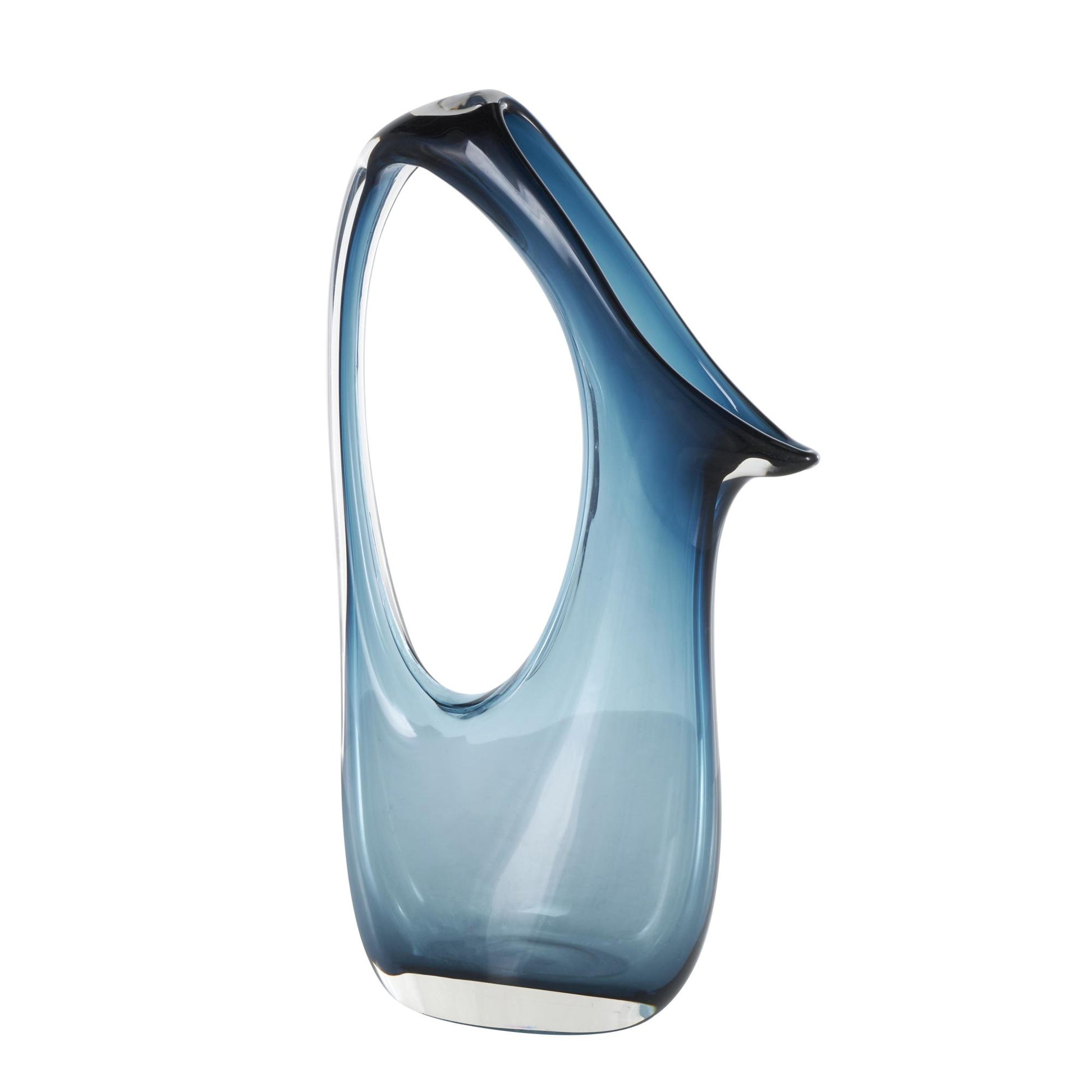 Abstract Blue Glass Ombre Decorative Vase with Cutout Handle and Elongated Opening